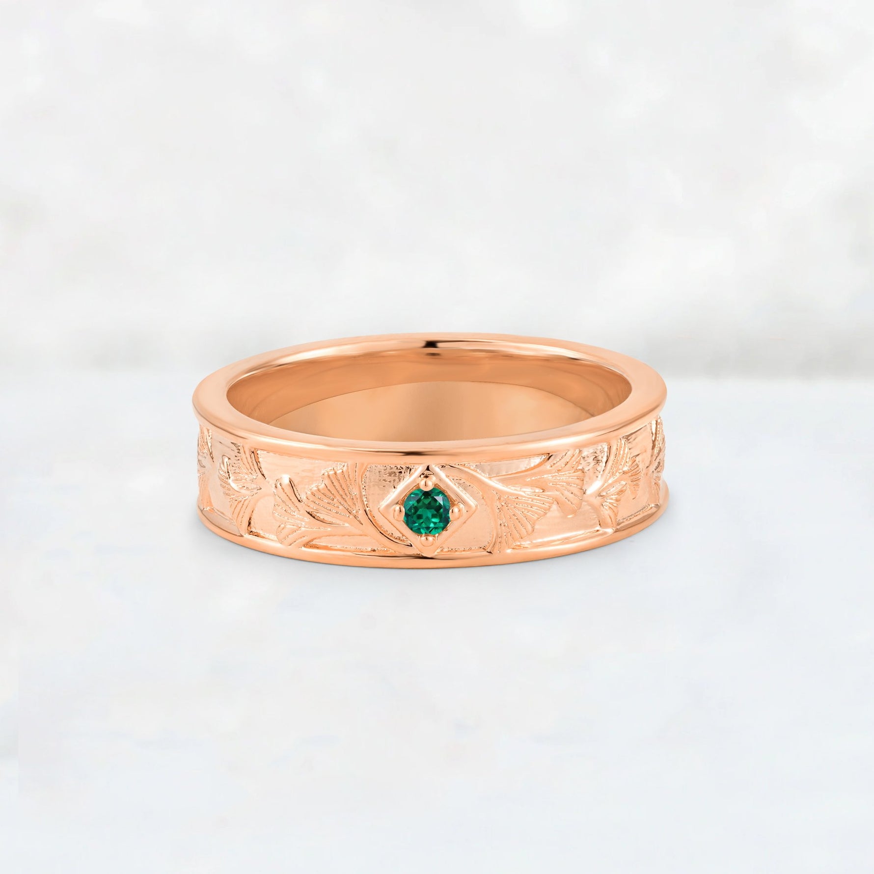 Round Cut Emerald Engraved Men’s Wedding Band - Additional view
