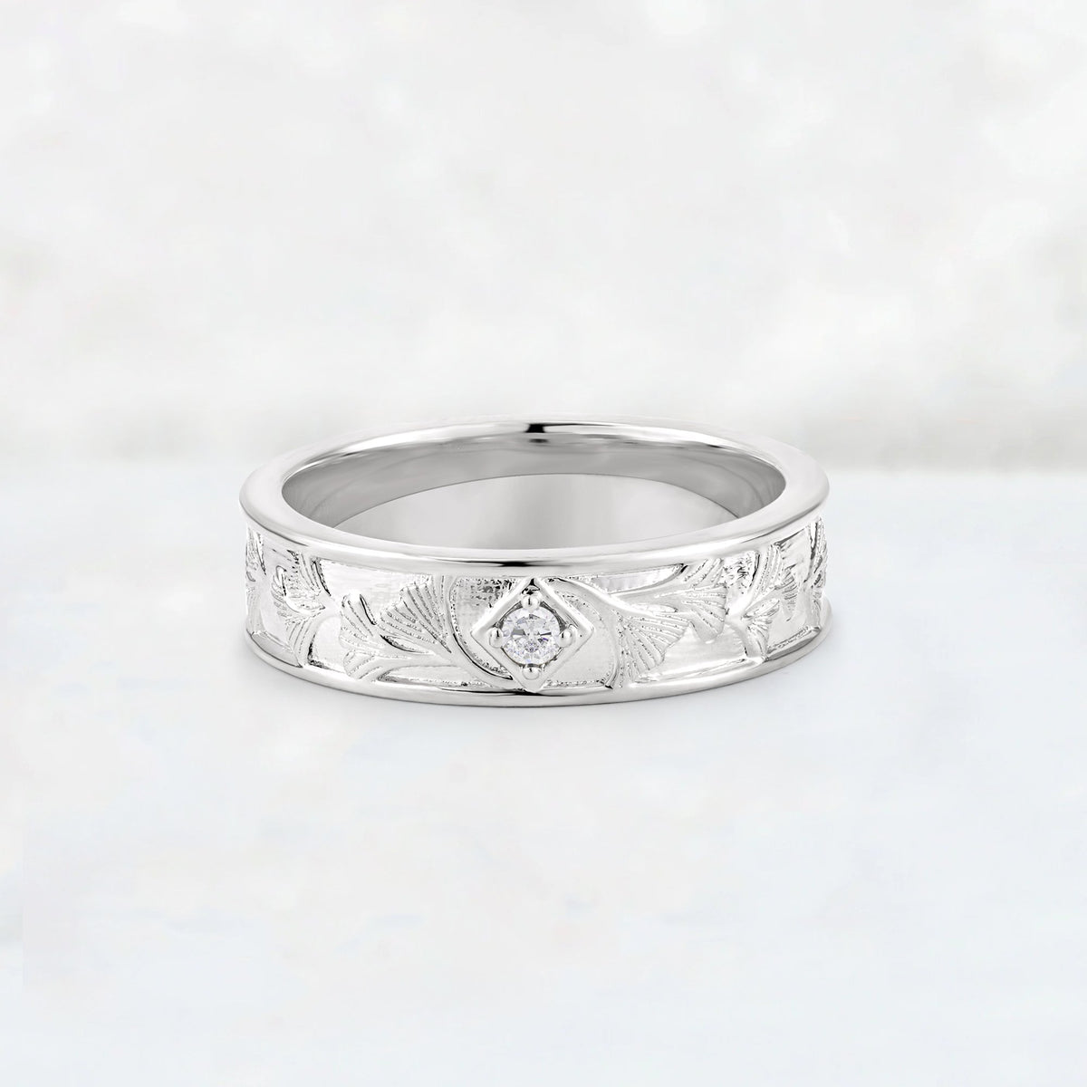 Round Cut Moissanite Engraved Men’s Wedding Band - Additional view