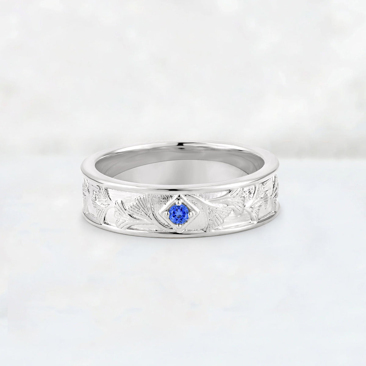 Round Cut Sapphire Engraved Men’s Wedding Band - Additional view