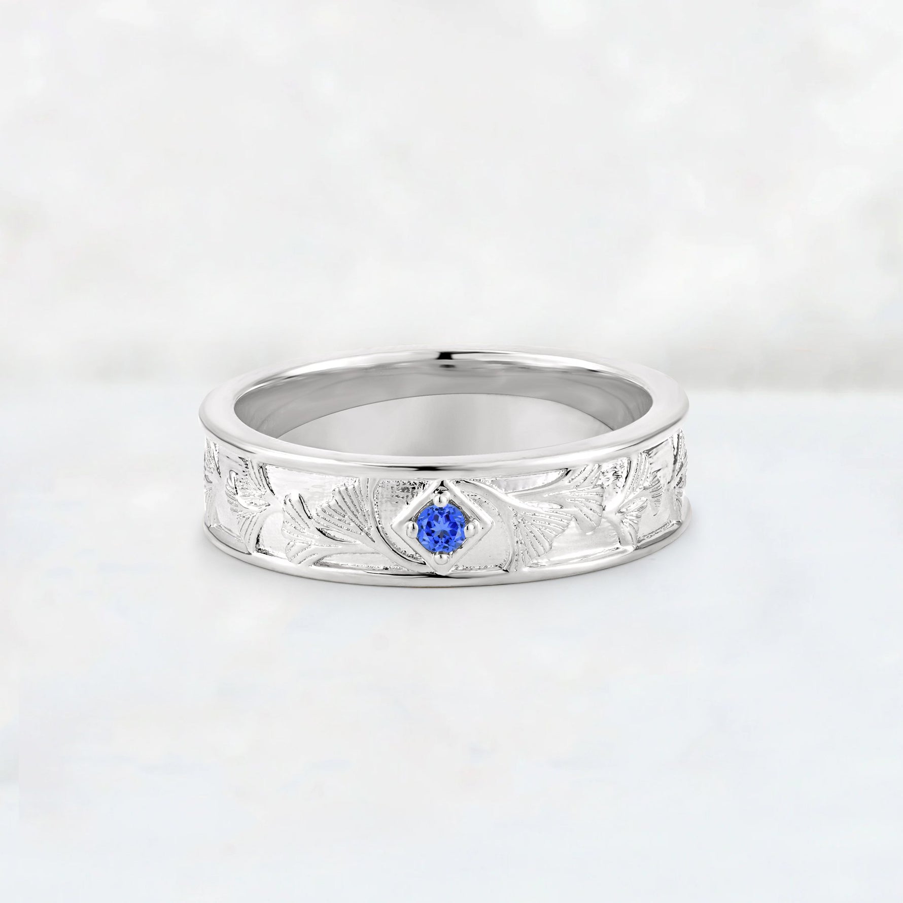 Round Cut Sapphire Engraved Men’s Wedding Band - Additional view