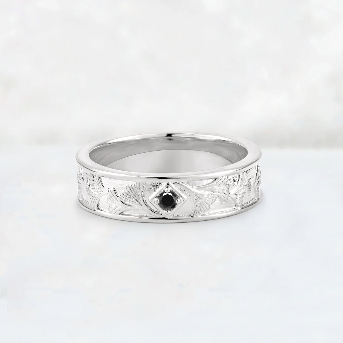 Round Cut Black Onyx Engraved Men’s Wedding Band - Additional view