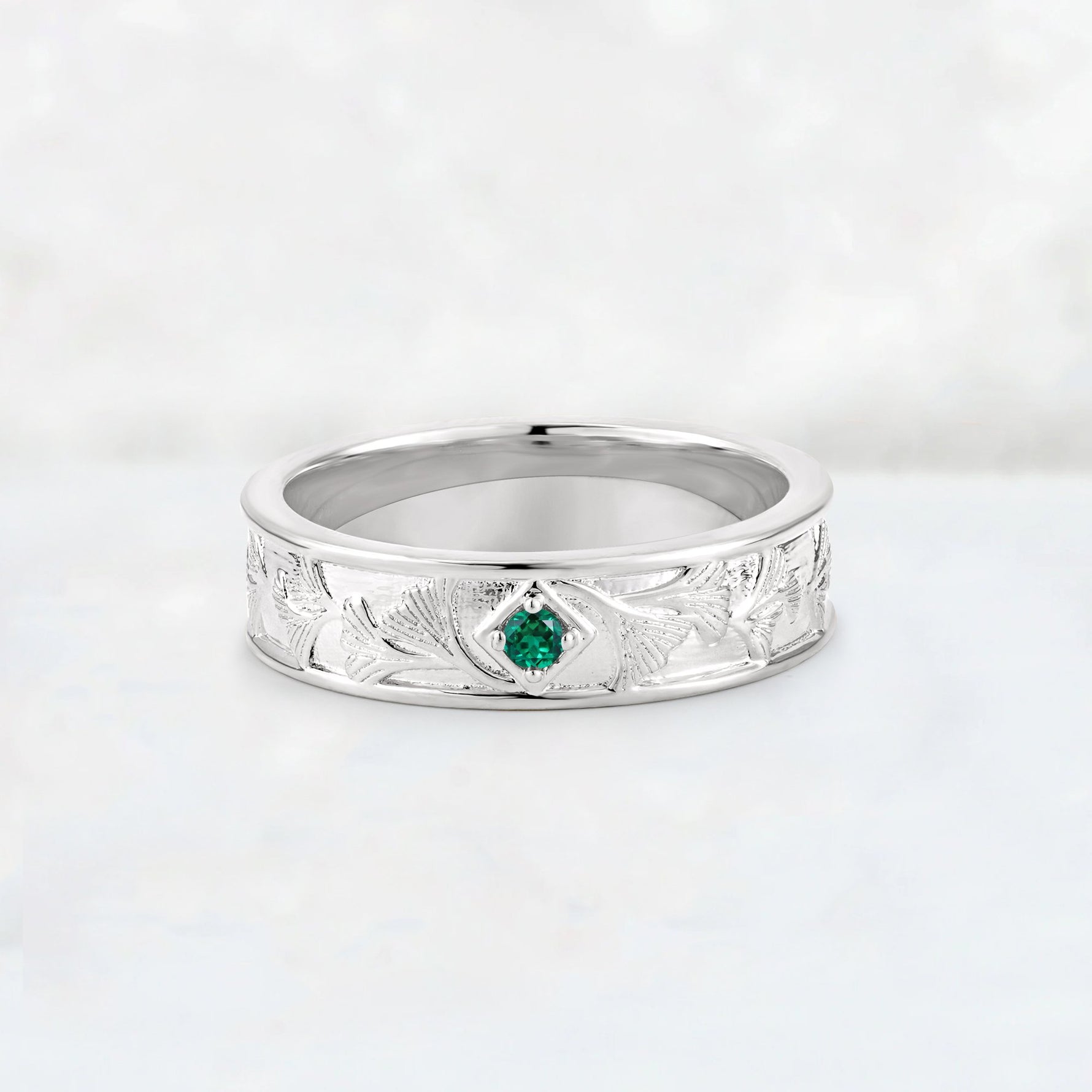 Round Cut Emerald Engraved Men’s Wedding Band - Additional view