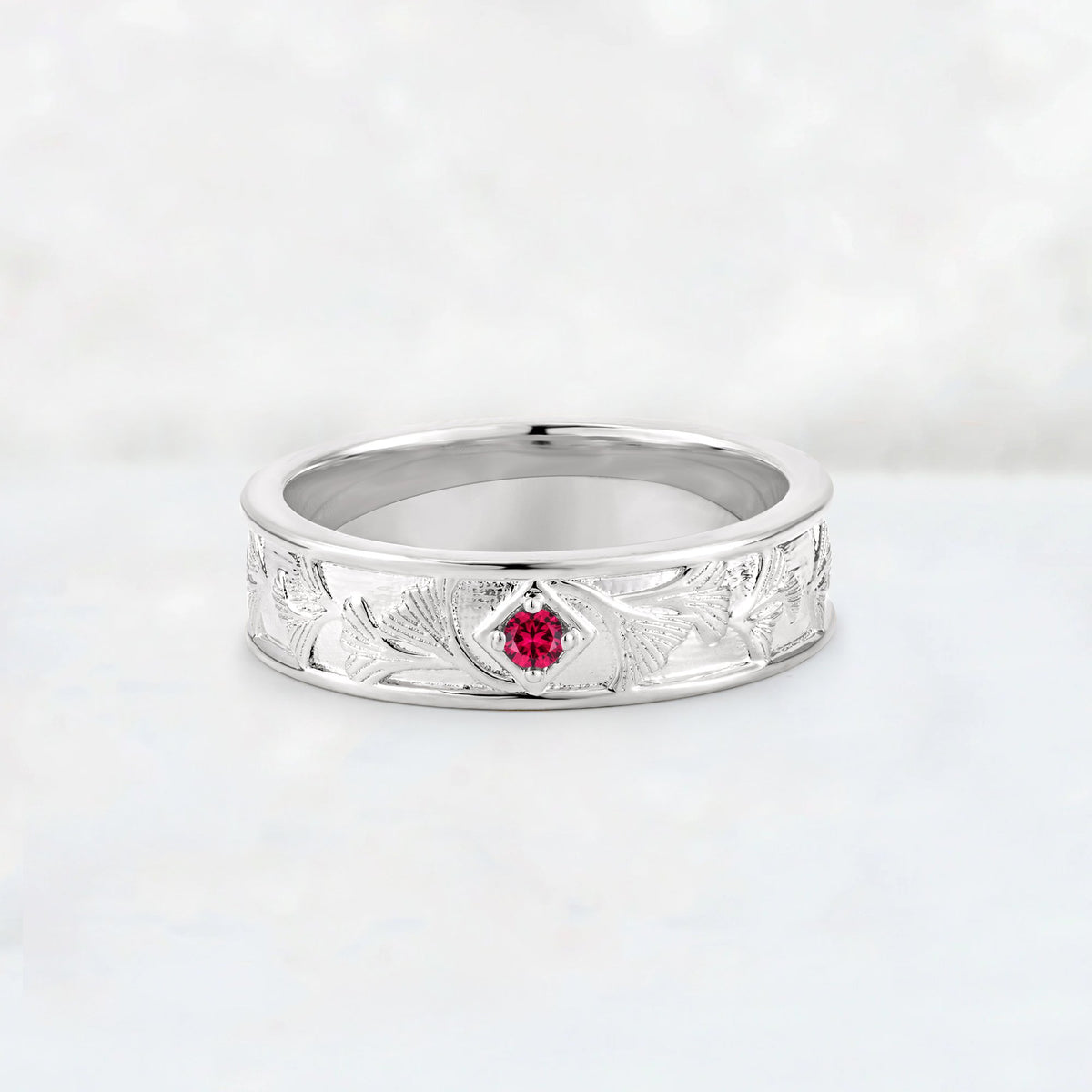 Round Cut Ruby Engraved Men’s Wedding Band - Additional view