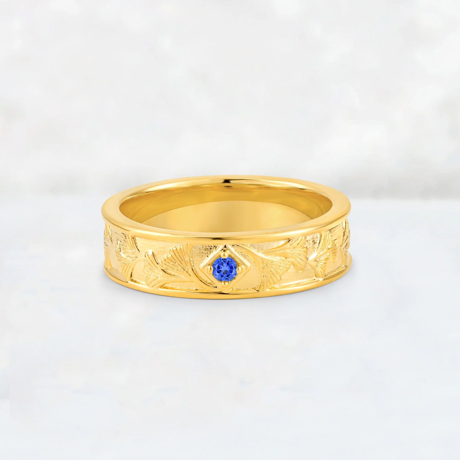 Round Cut Sapphire Engraved Men’s Wedding Band - Additional view