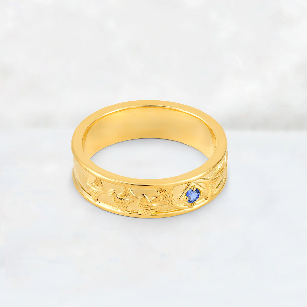 Round Cut Sapphire Engraved Men’s Wedding Band - Additional view