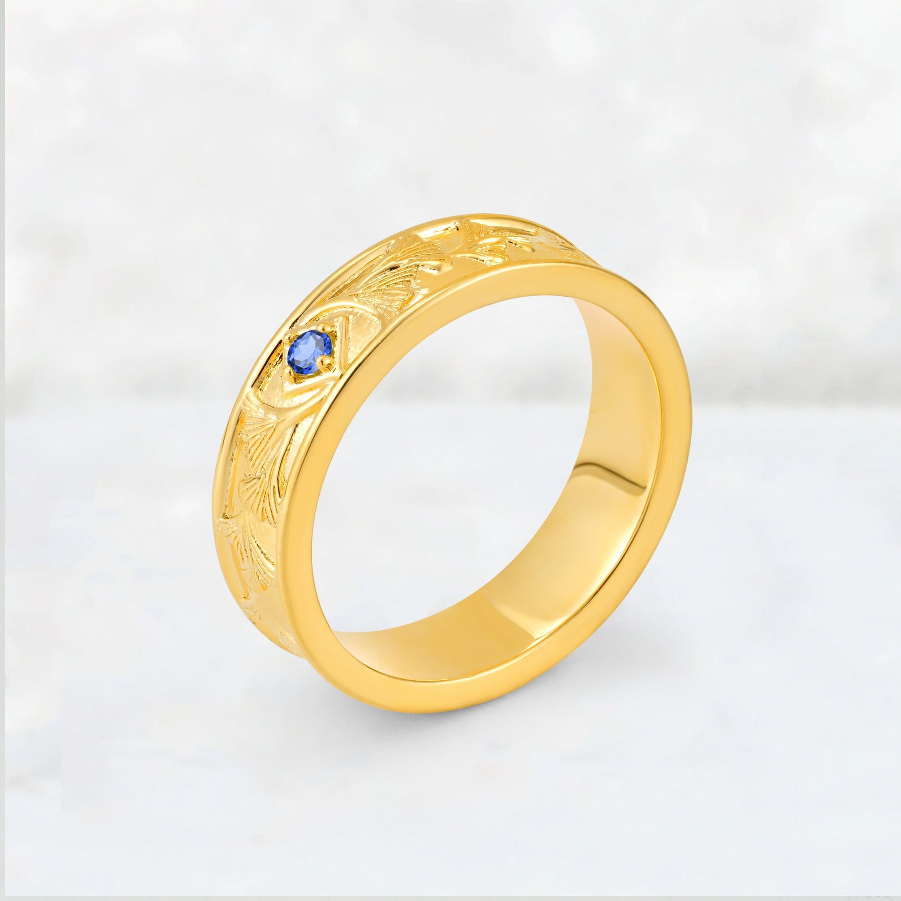 Round Cut Sapphire Engraved Men’s Wedding Band - Additional view