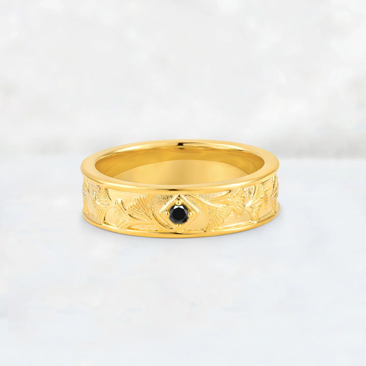 Round Cut Black Onyx Engraved Men’s Wedding Band - Additional view