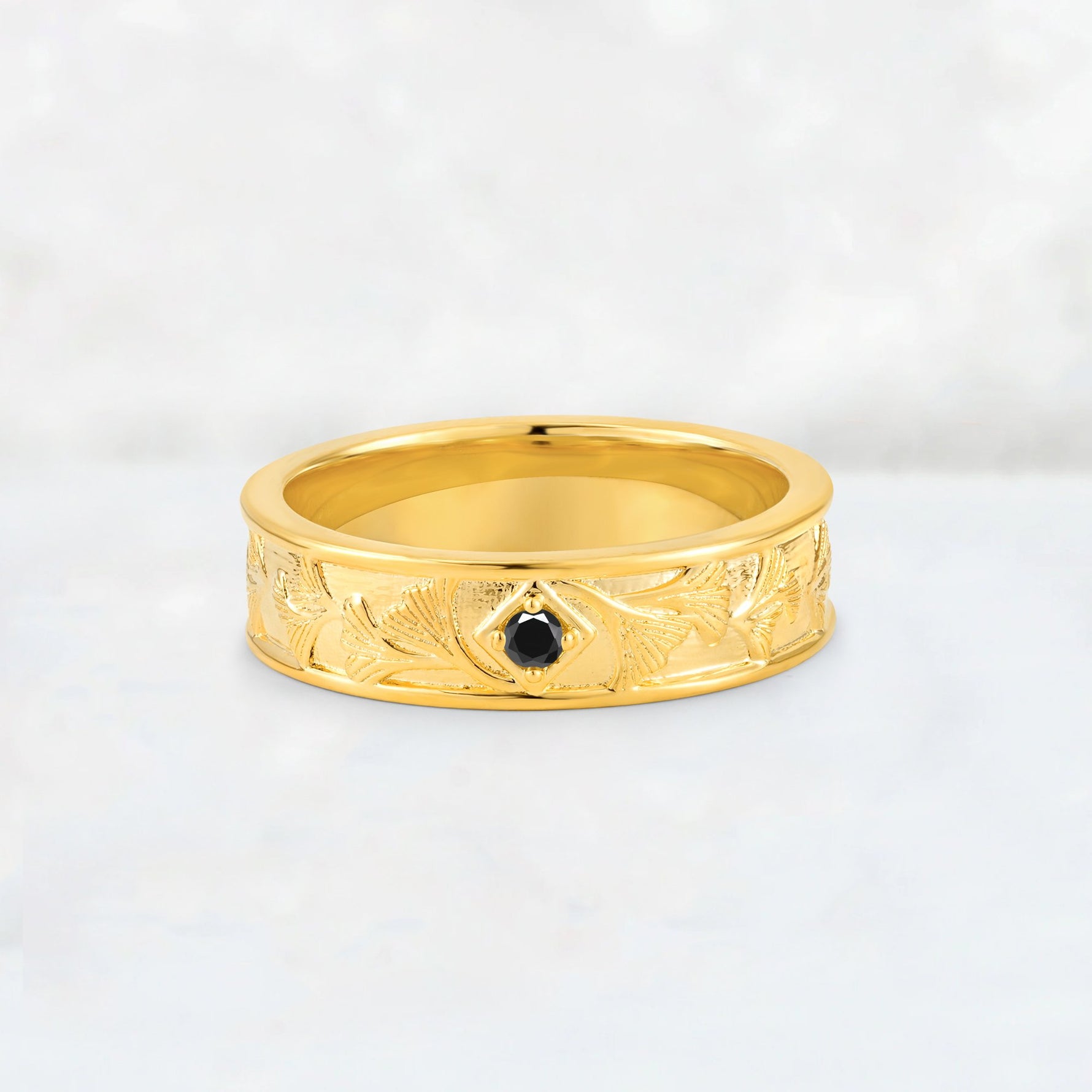 Round Cut Black Onyx Engraved Men’s Wedding Band - Additional view