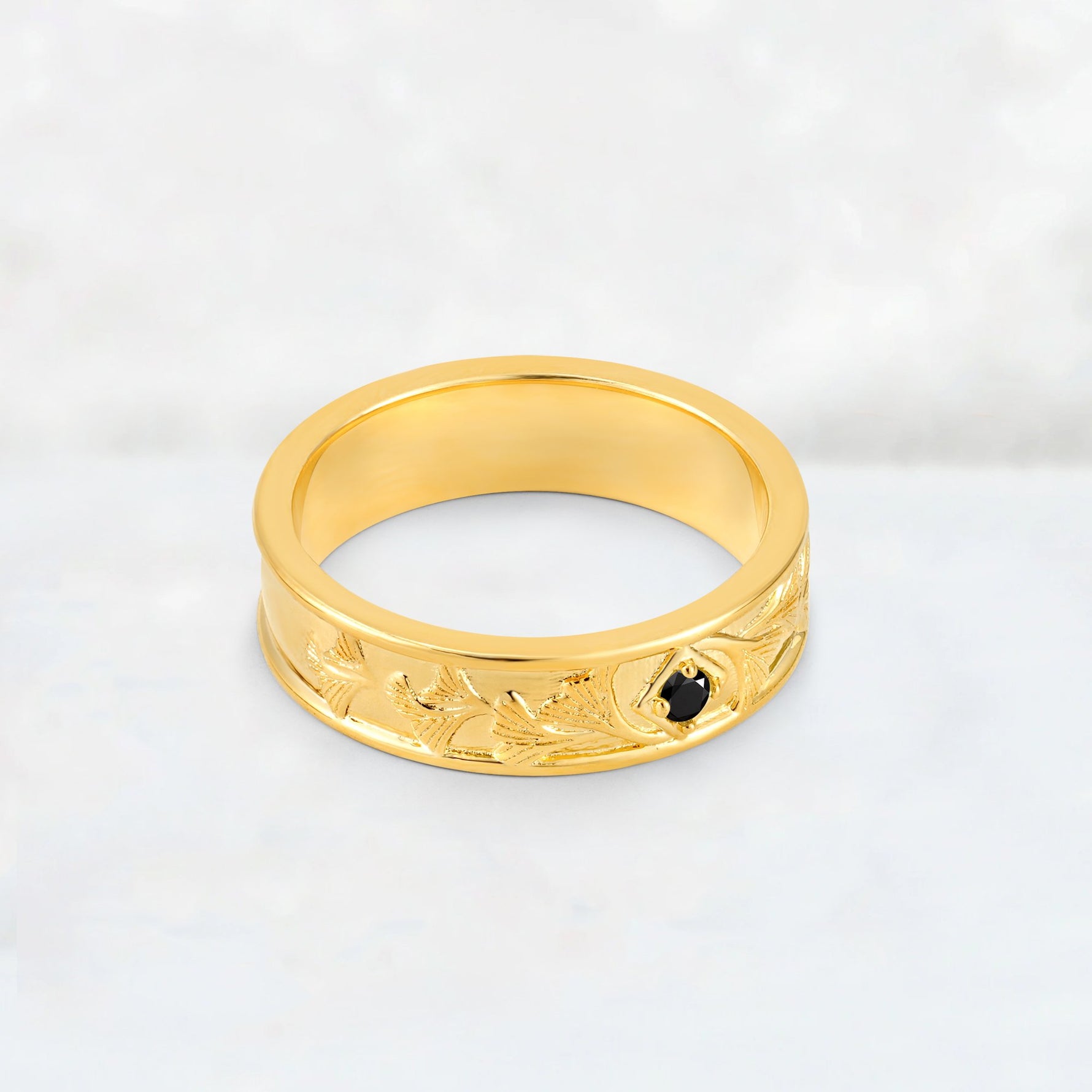 Round Cut Black Onyx Engraved Men’s Wedding Band - Additional view