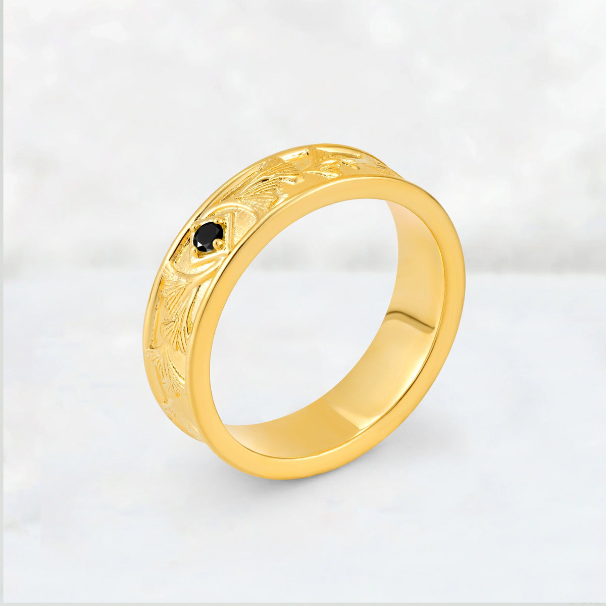 Round Cut Black Onyx Engraved Men’s Wedding Band - Additional view