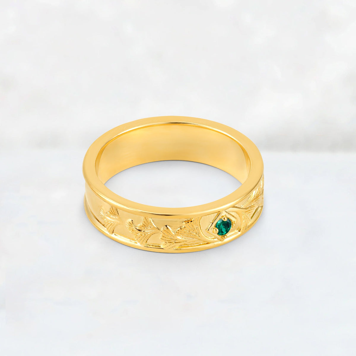Round Cut Emerald Engraved Men’s Wedding Band - Additional view