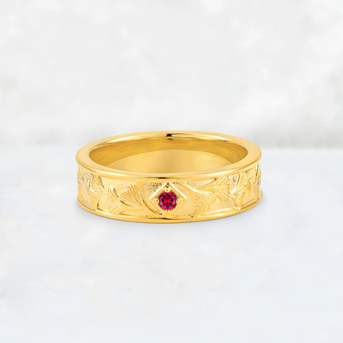 Round Cut Ruby Engraved Men’s Wedding Band - Additional view
