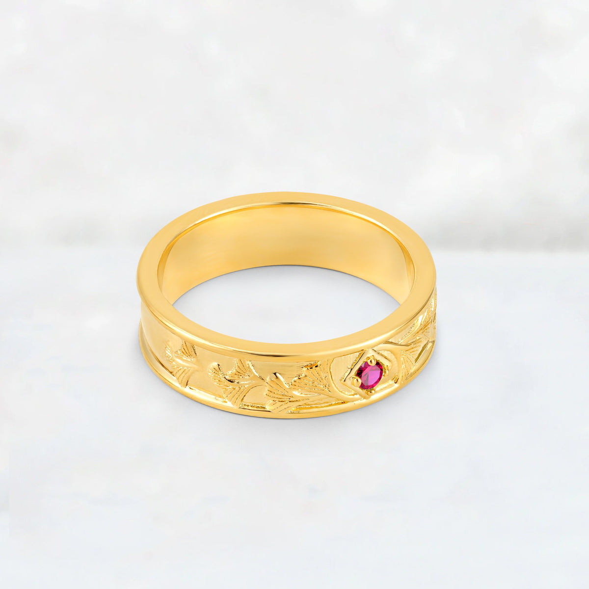 Round Cut Ruby Engraved Men’s Wedding Band - Additional view