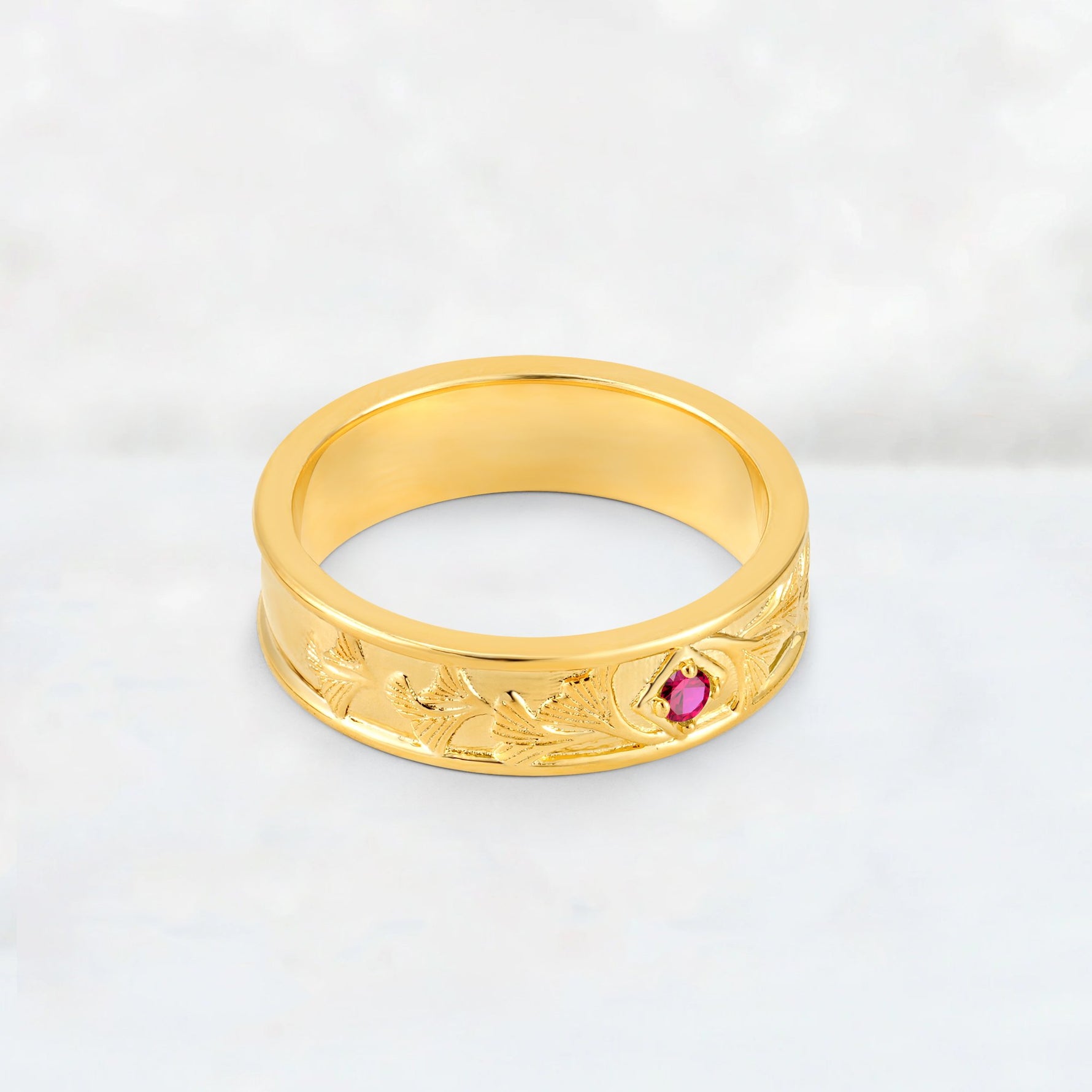 Round Cut Ruby Engraved Men’s Wedding Band - Additional view