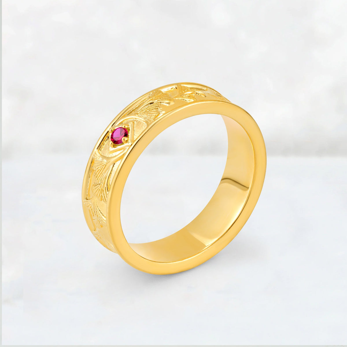 Round Cut Ruby Engraved Men’s Wedding Band - Additional view