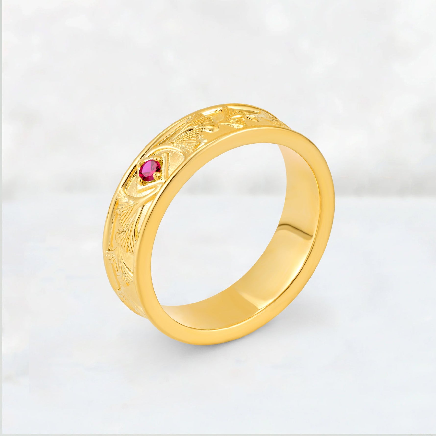 Round Cut Ruby Engraved Men’s Wedding Band - Additional view