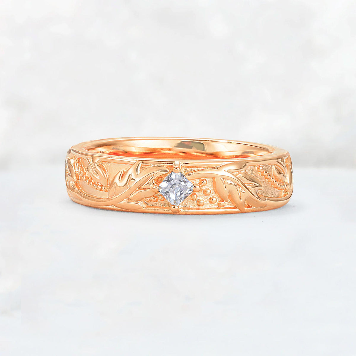 Nature-Inspired Princess Cut Moissanite Engraved Leaf Vine Wedding Band - Additional view