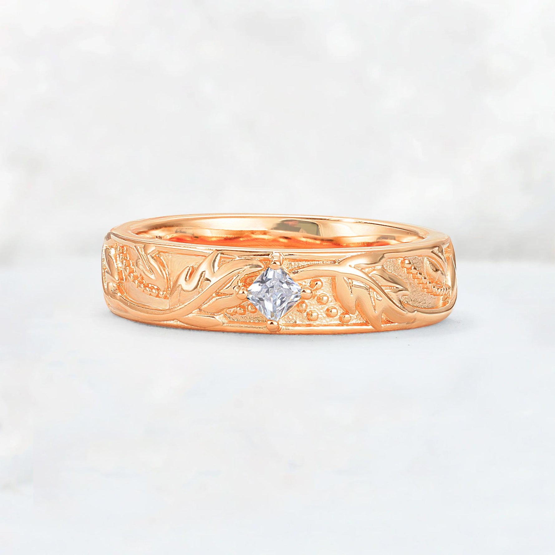 Nature-Inspired Princess Cut Moissanite Engraved Leaf Vine Wedding Band - Additional view