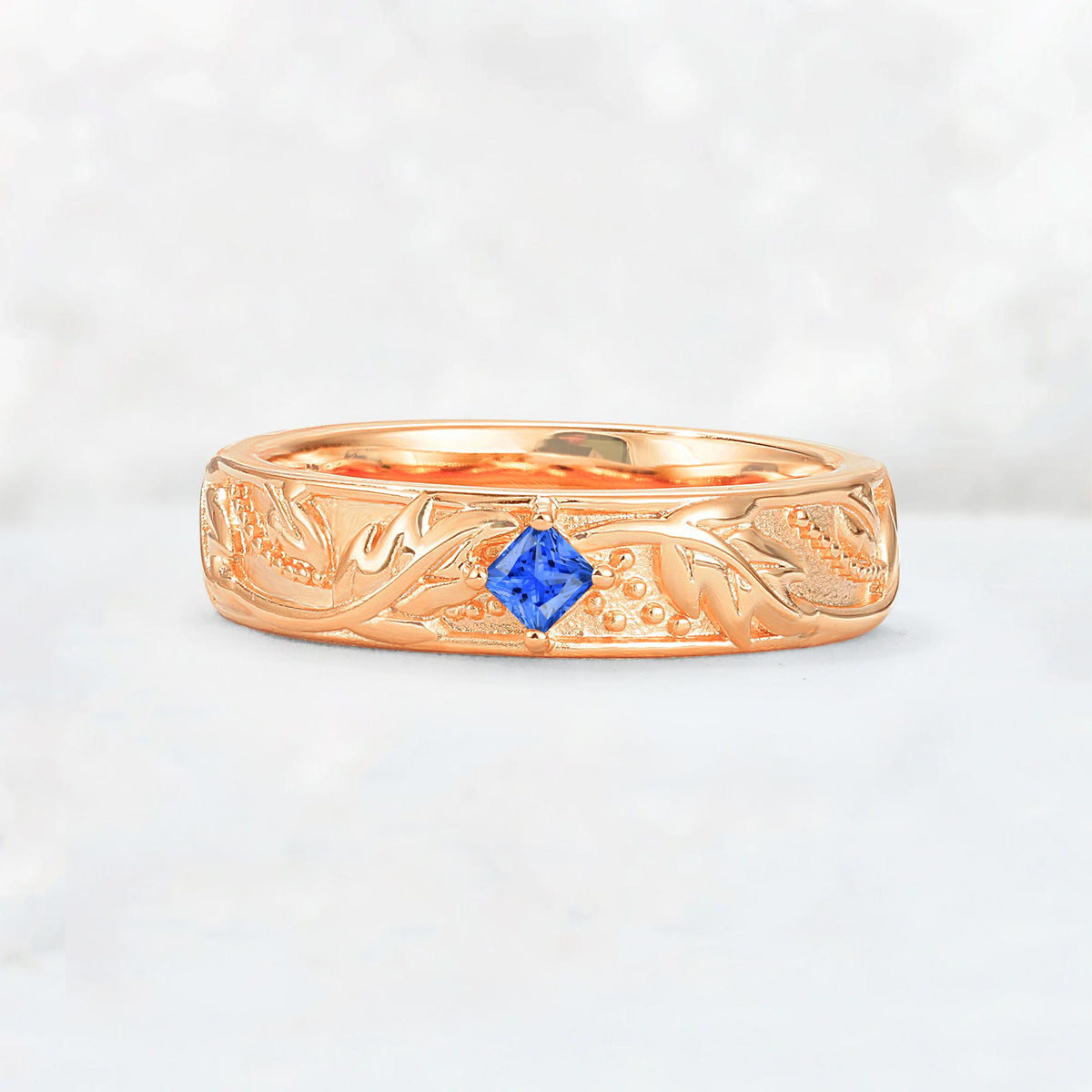 Nature-Inspired Princess Cut Sapphire Engraved Leaf Vine Wedding Band - Additional view
