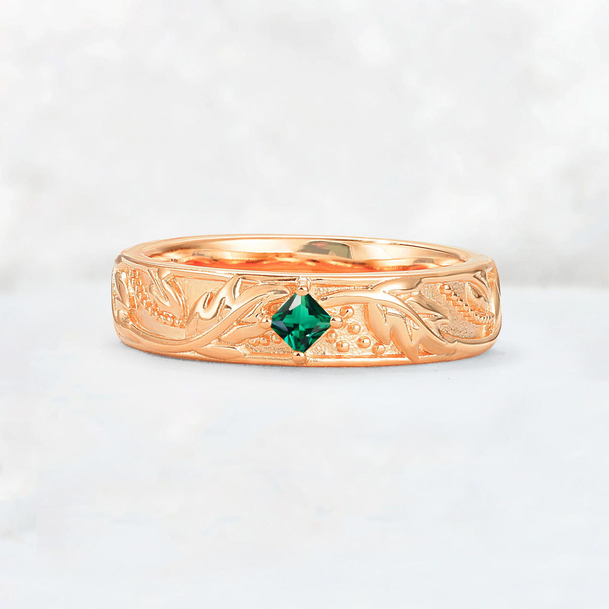 Nature-Inspired Princess Cut Emerald Engraved Leaf Vine Wedding Band - Additional view