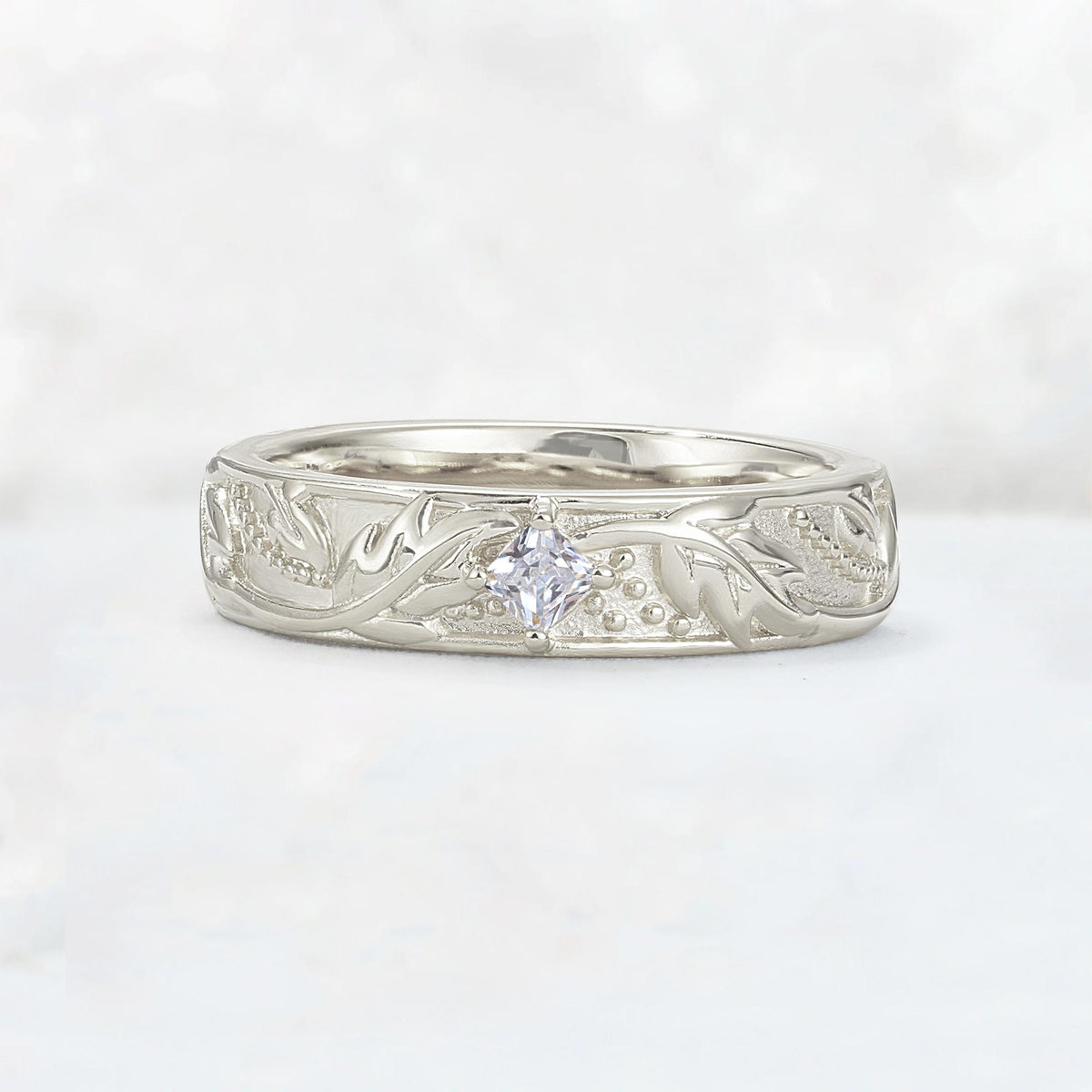 Nature-Inspired Princess Cut Moissanite Engraved Leaf Vine Wedding Band - Additional view