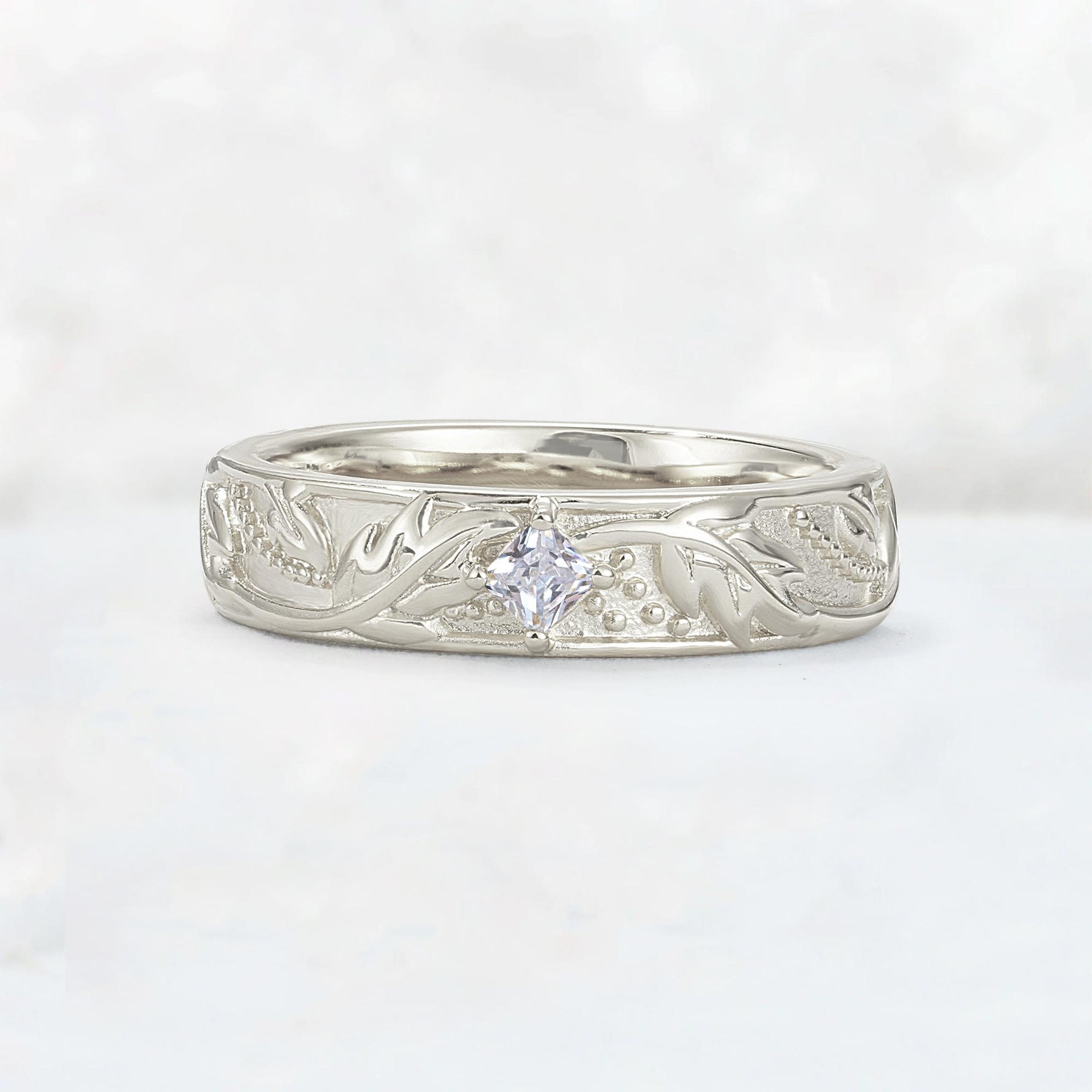 Nature-Inspired Princess Cut Moissanite Engraved Leaf Vine Wedding Band - Additional view