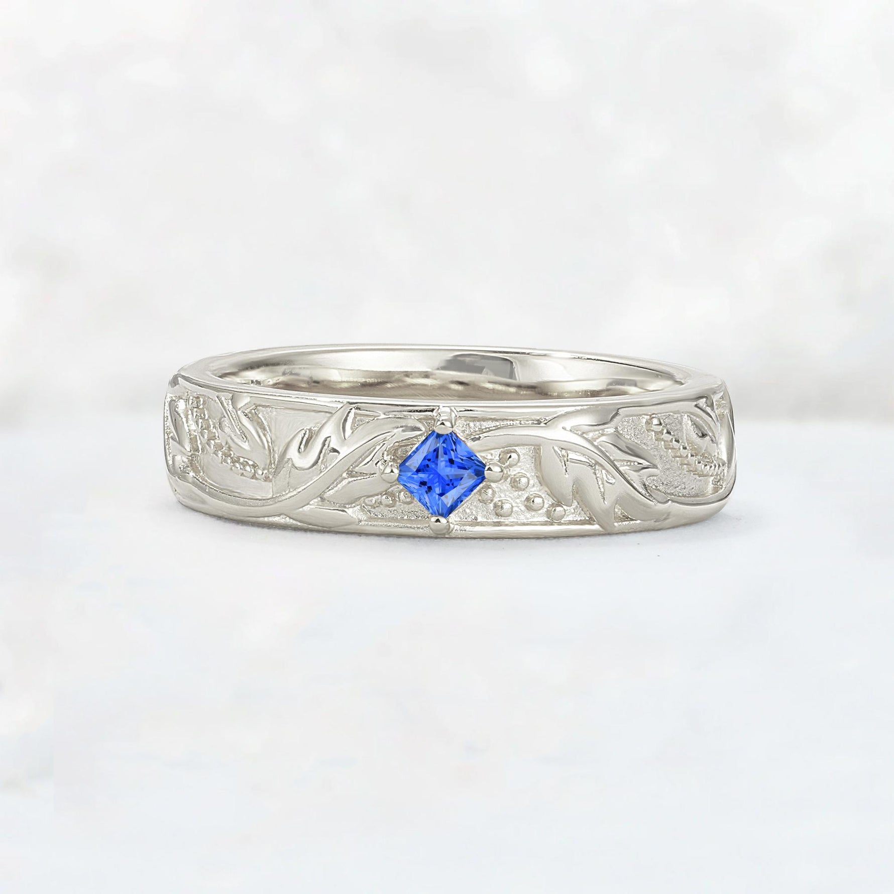Nature-Inspired Princess Cut Sapphire Engraved Leaf Vine Wedding Band - Additional view
