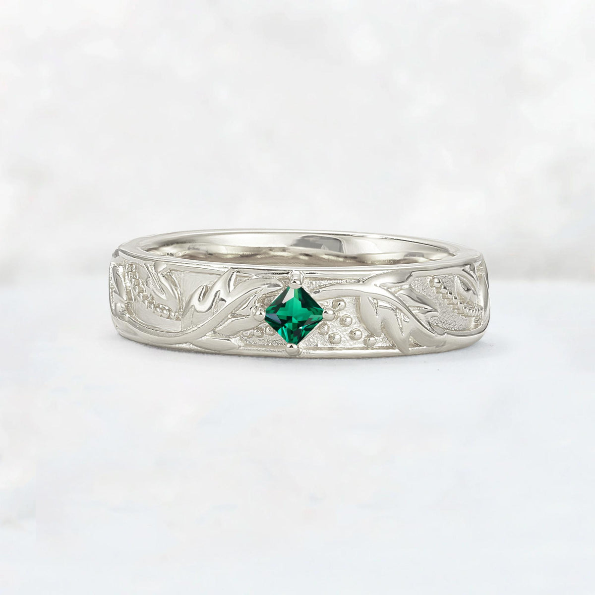 Nature-Inspired Princess Cut Emerald Engraved Leaf Vine Wedding Band - Additional view