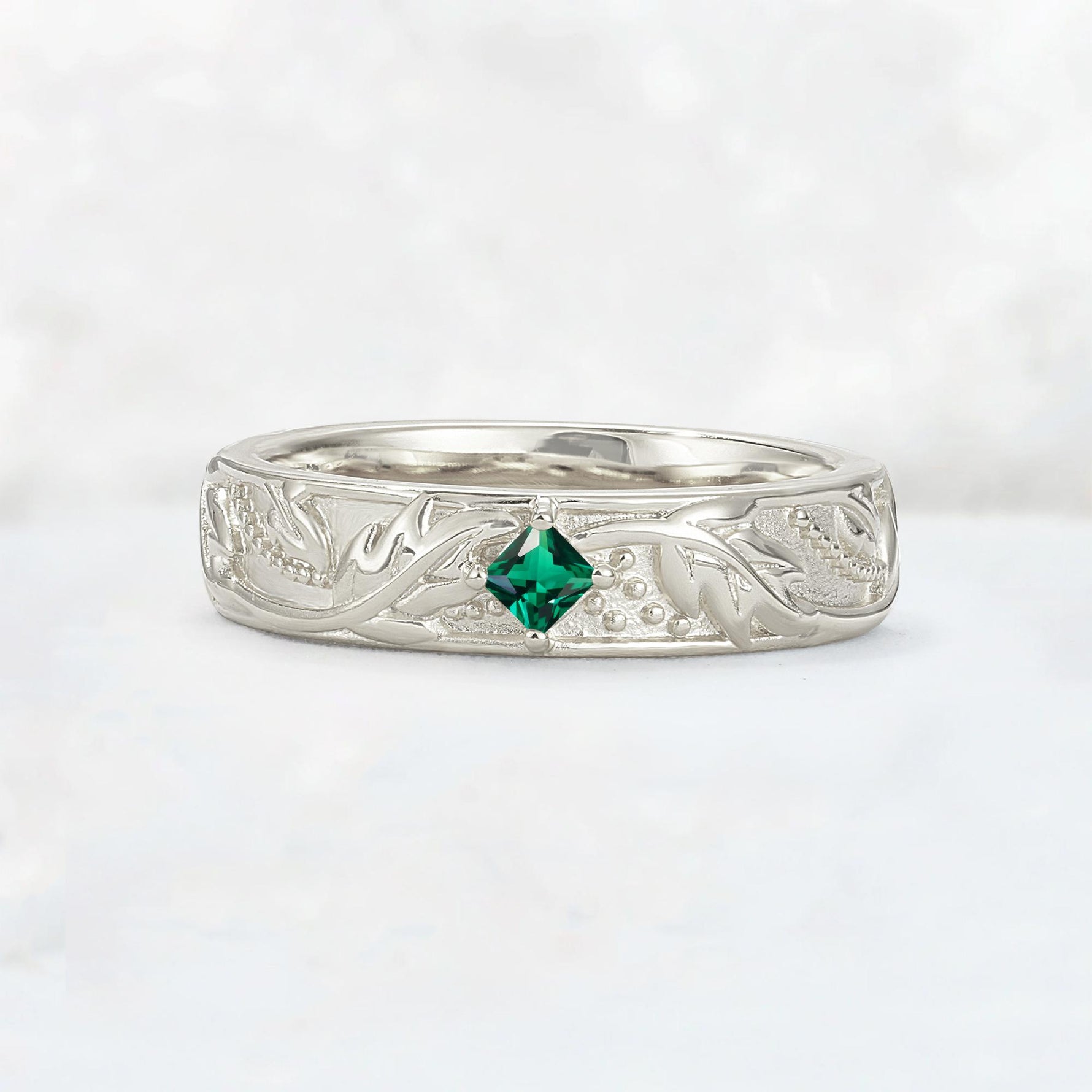 Nature-Inspired Princess Cut Emerald Engraved Leaf Vine Wedding Band - Additional view