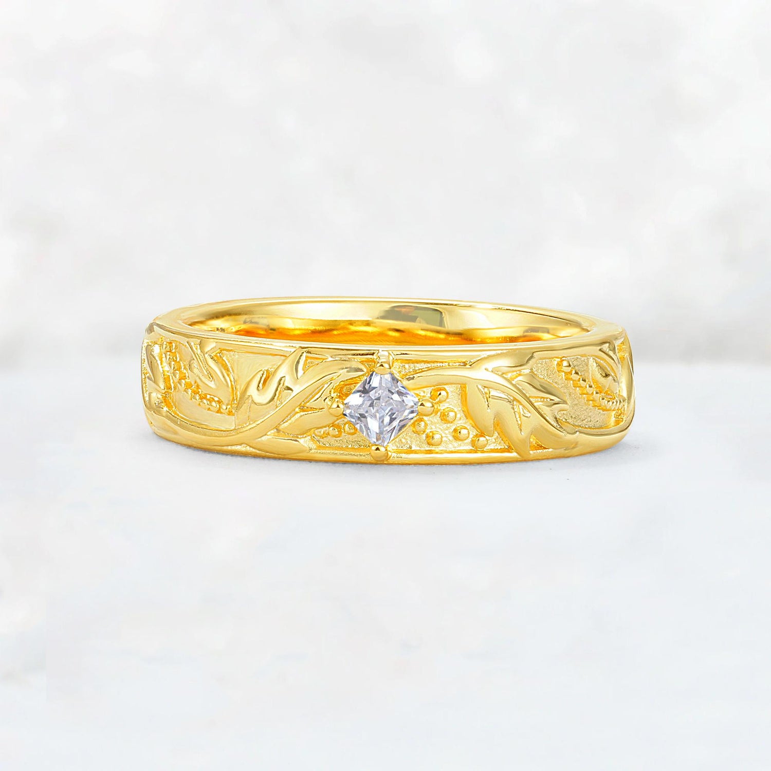 Nature-Inspired Princess Cut Moissanite Engraved Leaf Vine Wedding Band - Additional view