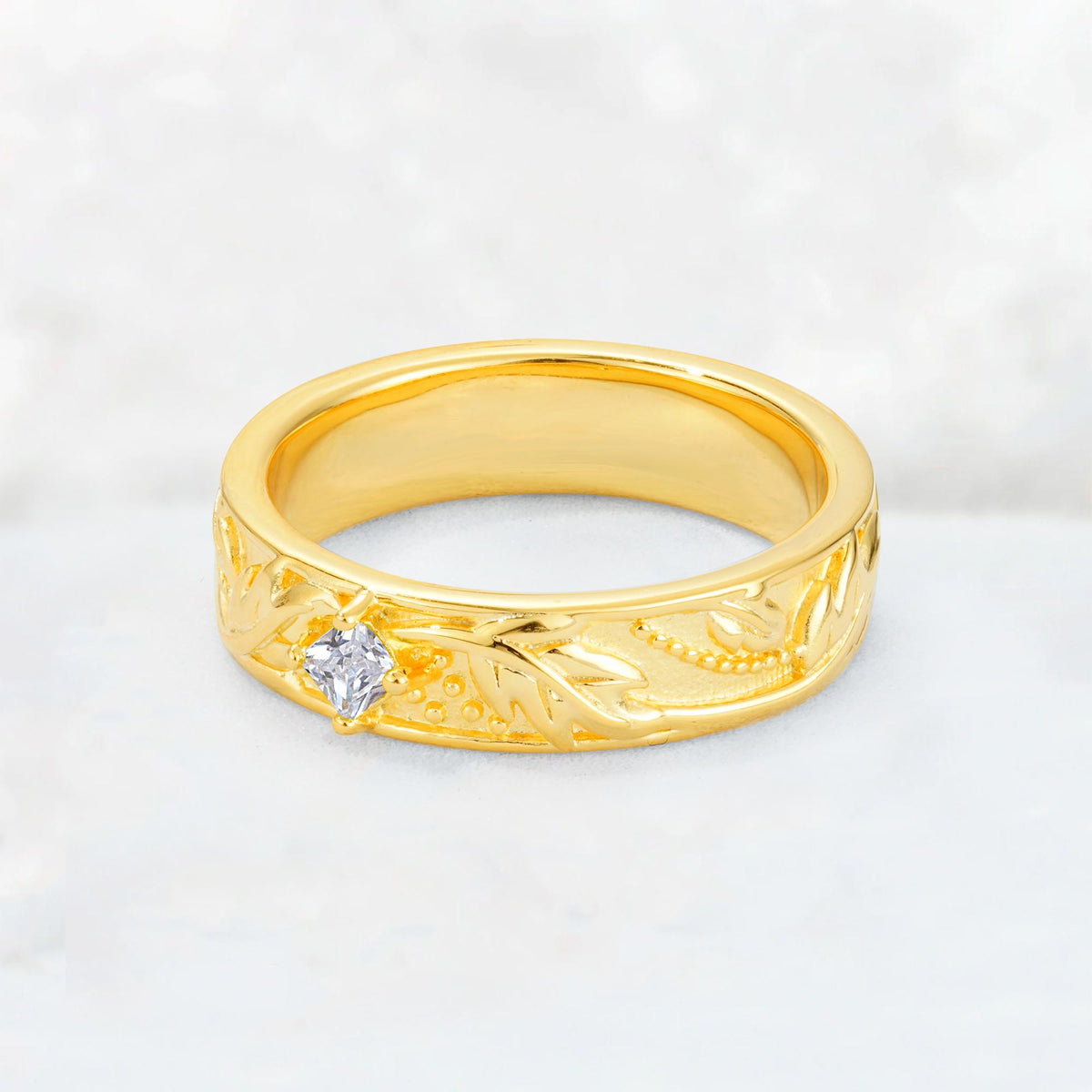 Nature-Inspired Princess Cut Moissanite Engraved Leaf Vine Wedding Band - Additional view
