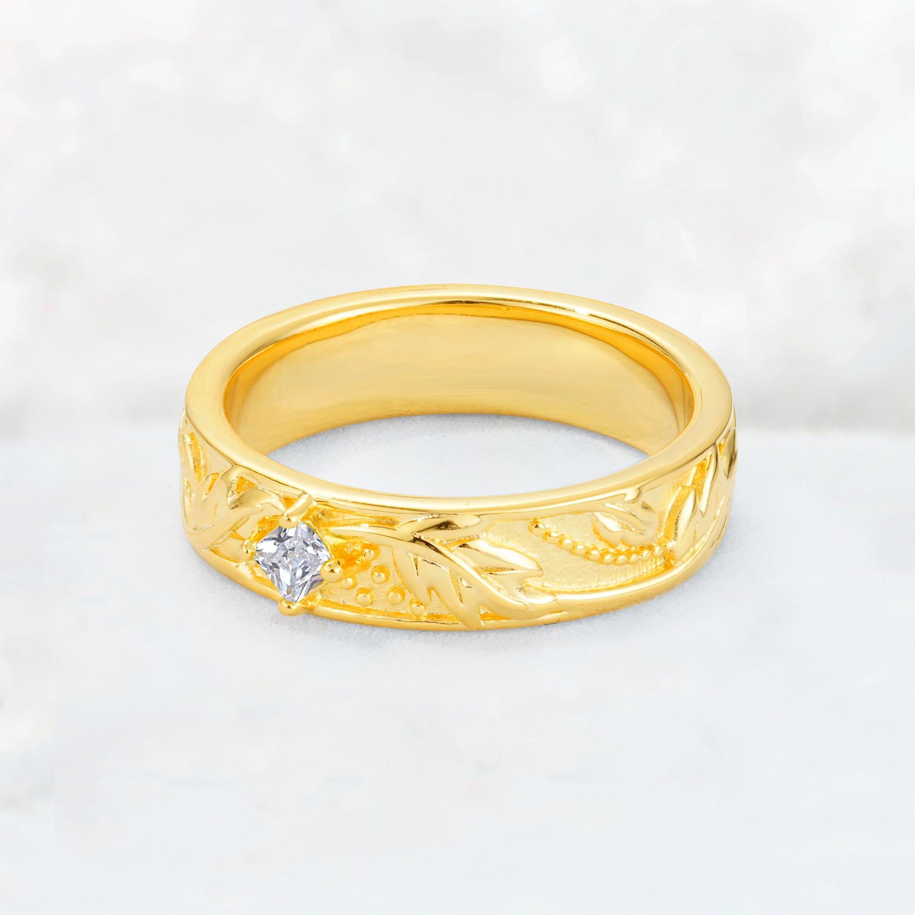 Nature-Inspired Princess Cut Moissanite Engraved Leaf Vine Wedding Band - Additional view