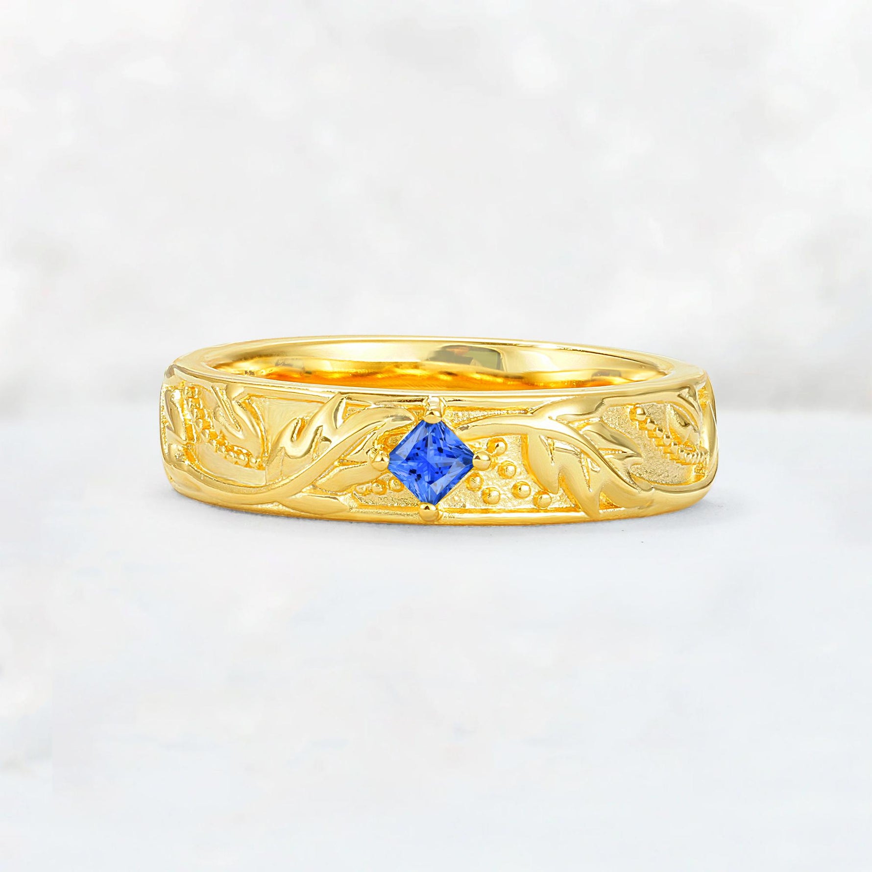 Nature-Inspired Princess Cut Sapphire Engraved Leaf Vine Wedding Band - Additional view