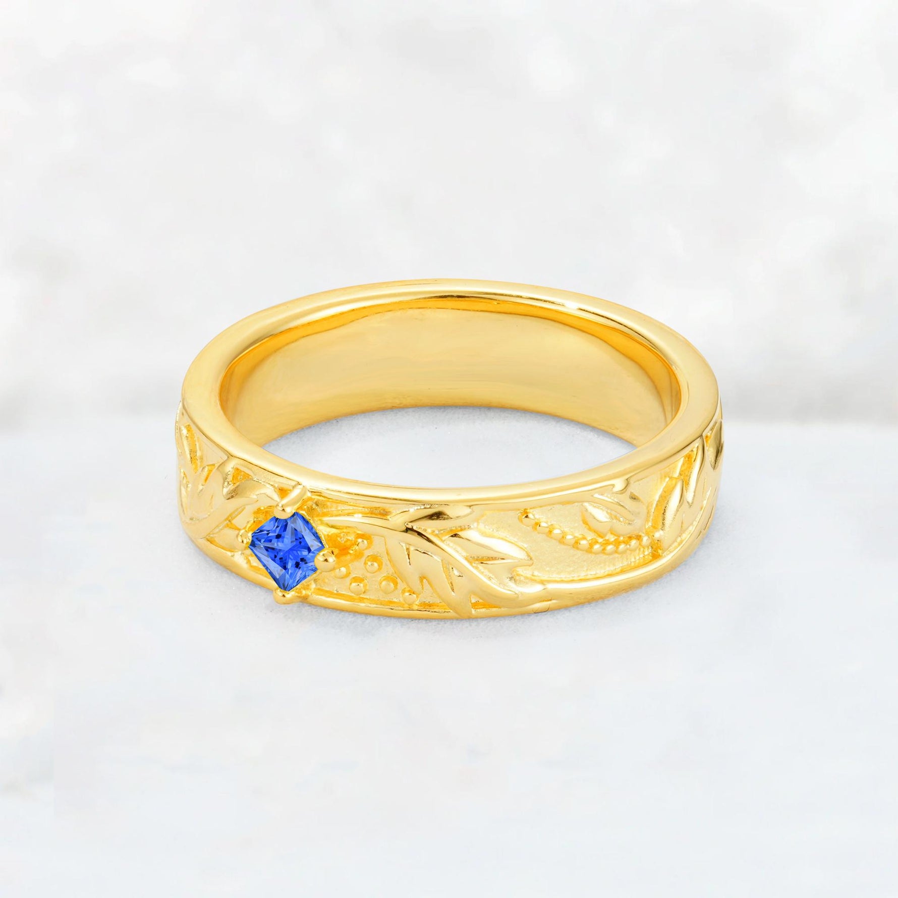 Nature-Inspired Princess Cut Sapphire Engraved Leaf Vine Wedding Band - Additional view