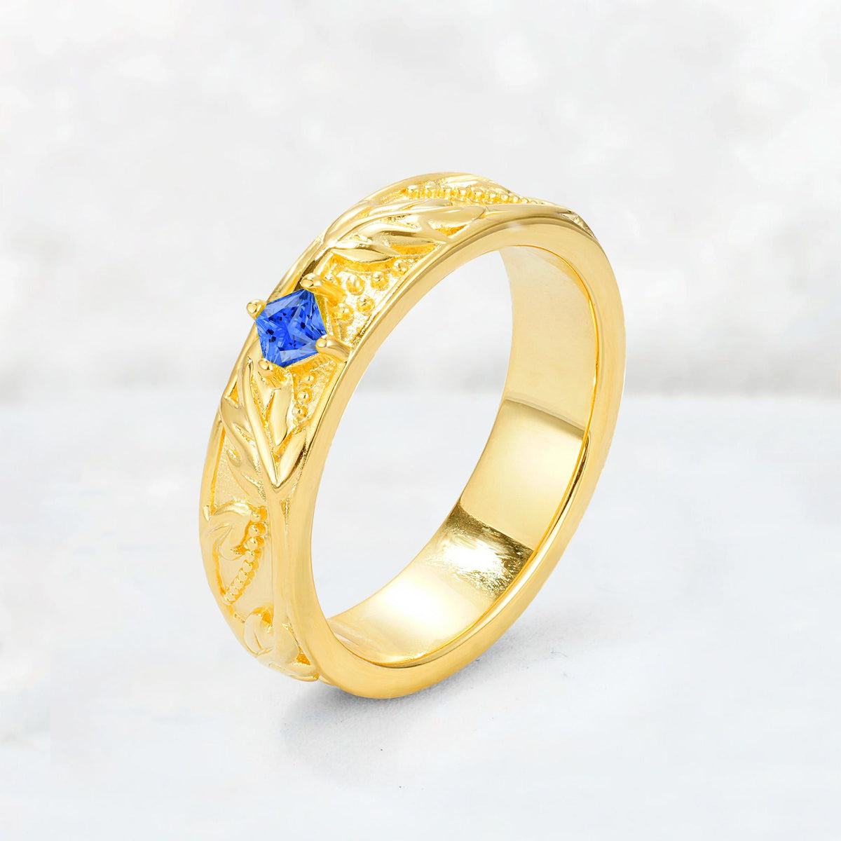 Nature-Inspired Princess Cut Sapphire Engraved Leaf Vine Wedding Band - Additional view