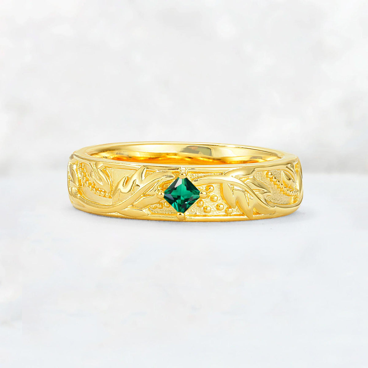 Nature-Inspired Princess Cut Emerald Engraved Leaf Vine Wedding Band - Additional view