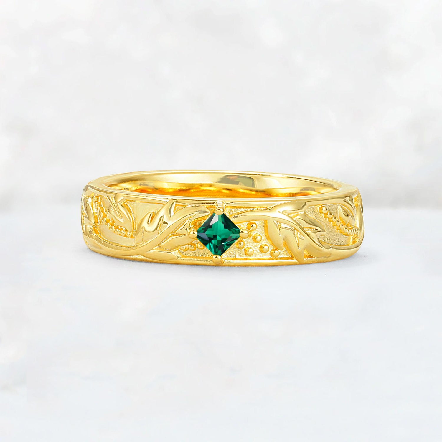 Nature-Inspired Princess Cut Emerald Engraved Leaf Vine Wedding Band - Additional view