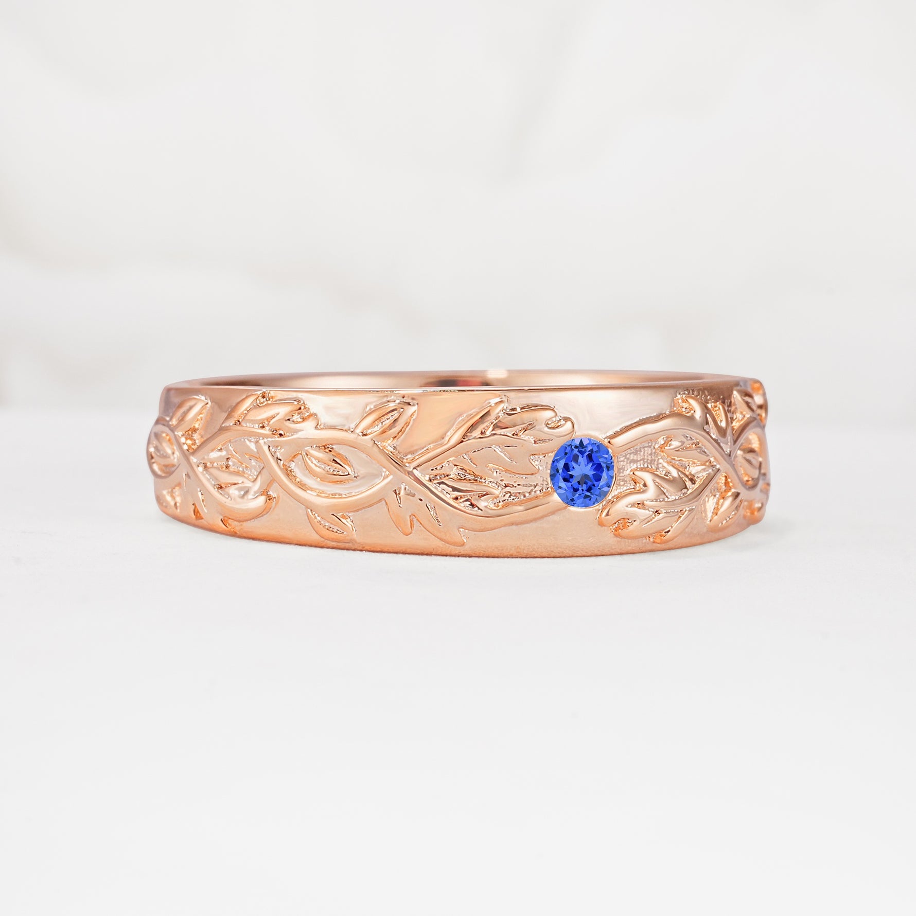 Vintage Leaf Engraved Solitaire Sapphire Men's Wedding Band - Additional view