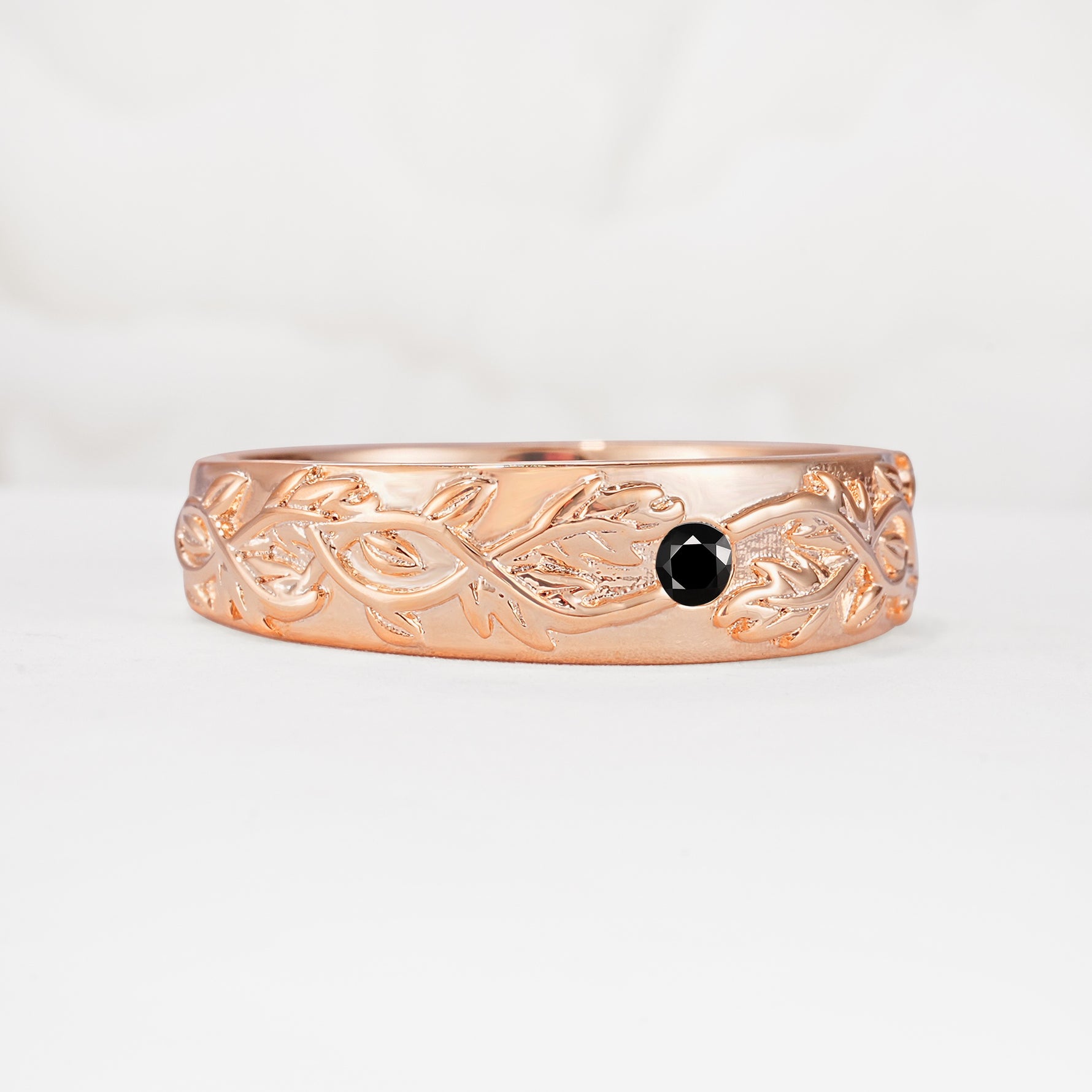 Vintage Leaf Engraved Solitaire Black Onyx Men's Wedding Band - Additional view