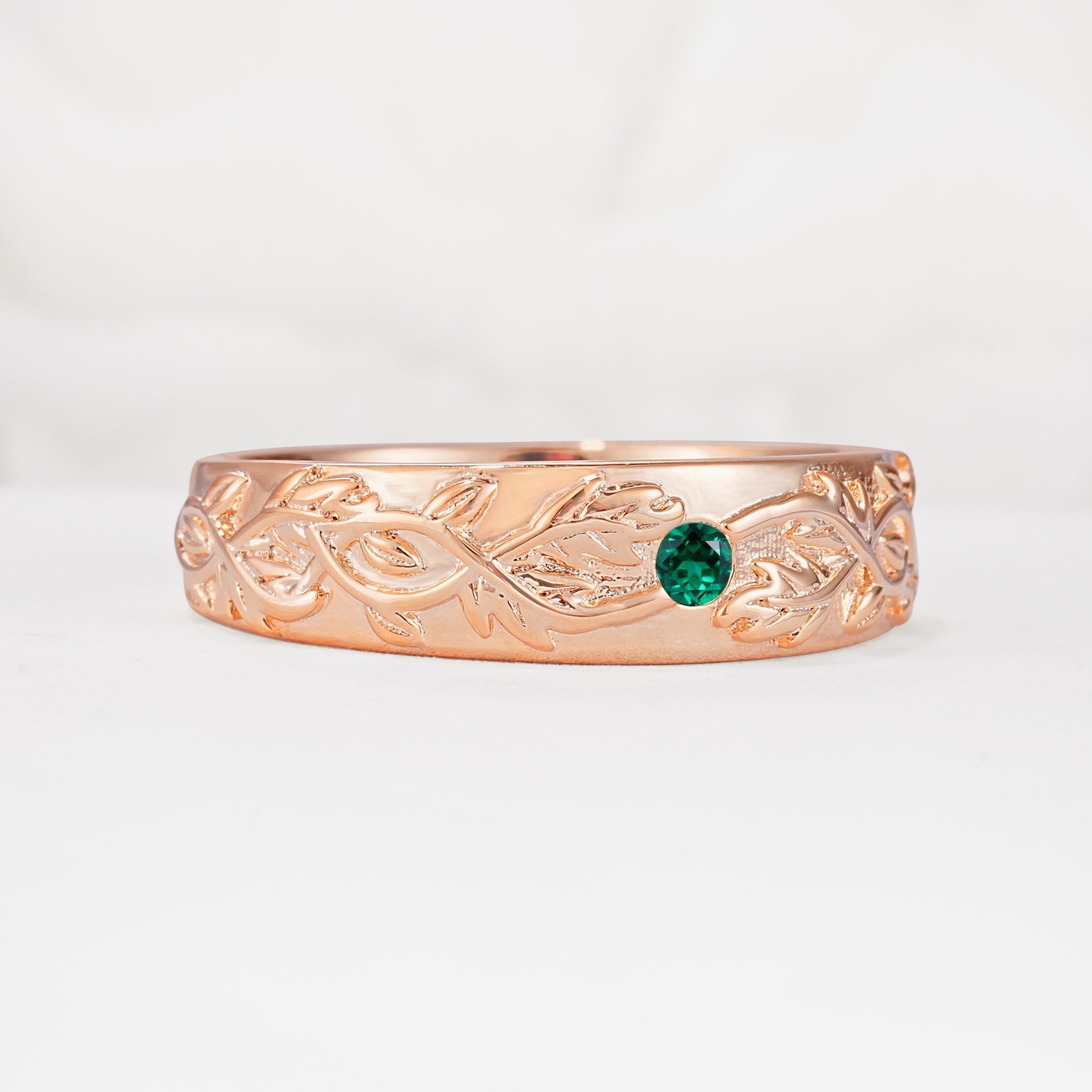 Vintage Leaf Engraved Solitaire Emerald Men's Wedding Band - Additional view