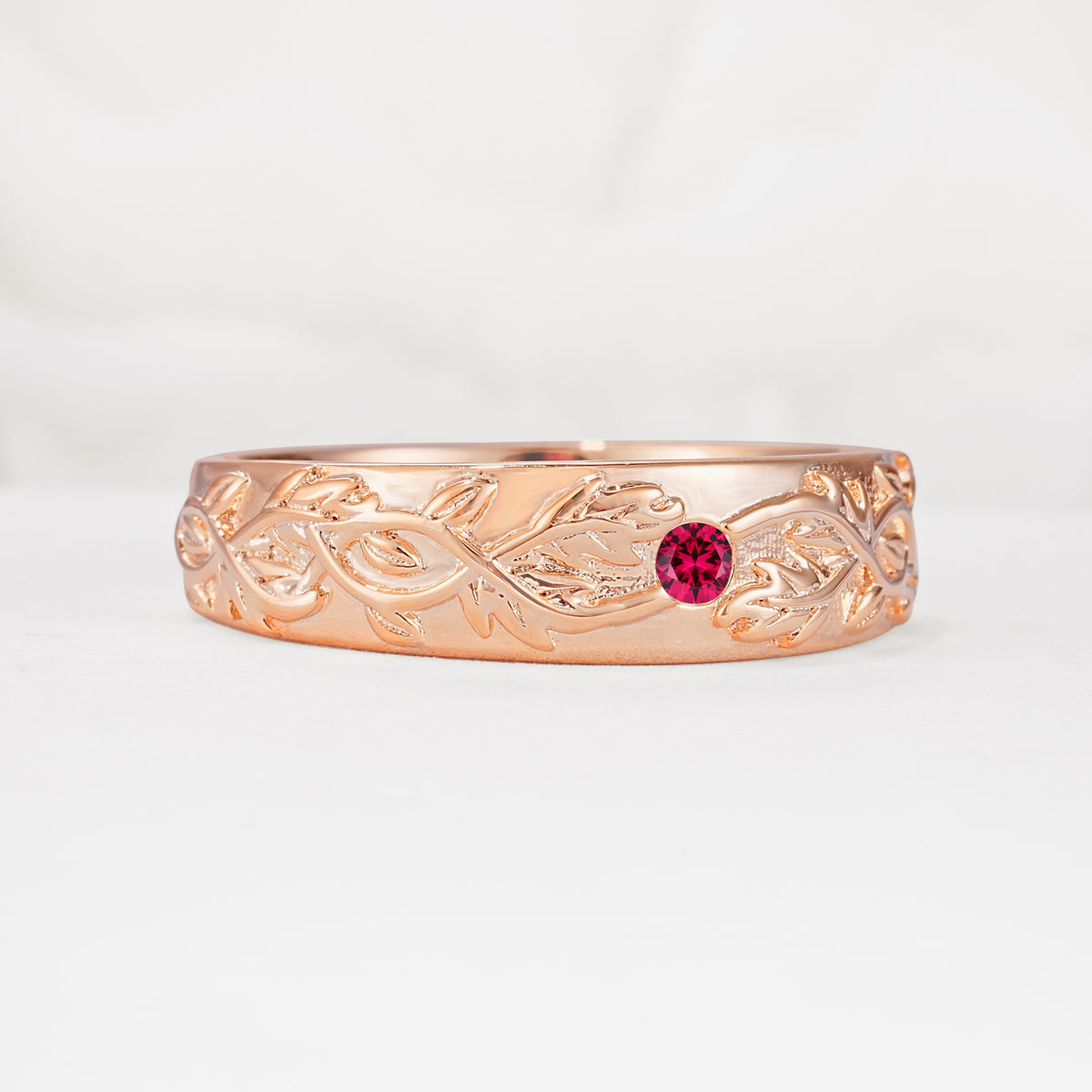Vintage Leaf Engraved Solitaire Ruby Men's Wedding Band - Additional view