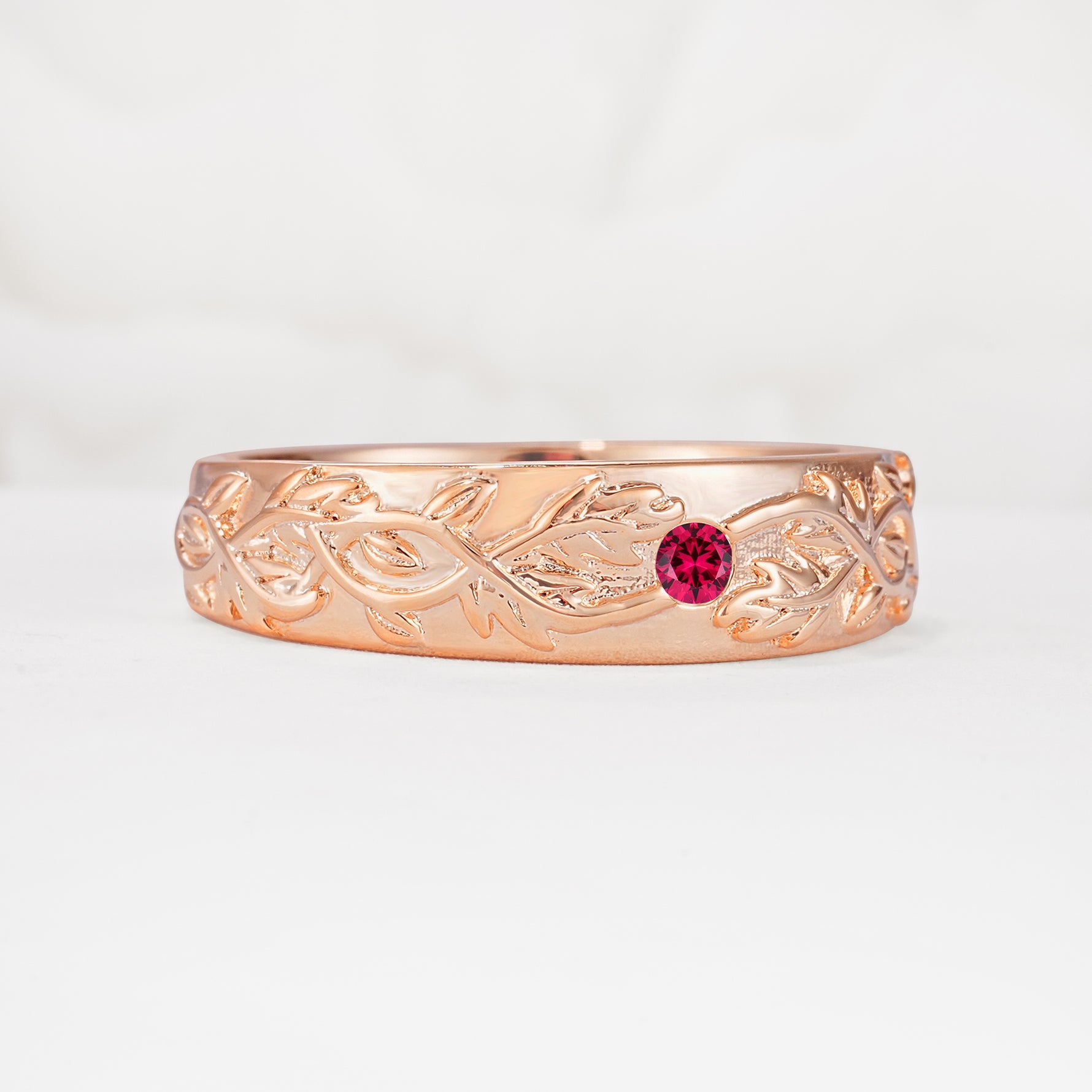 Vintage Leaf Engraved Solitaire Ruby Men's Wedding Band - Additional view