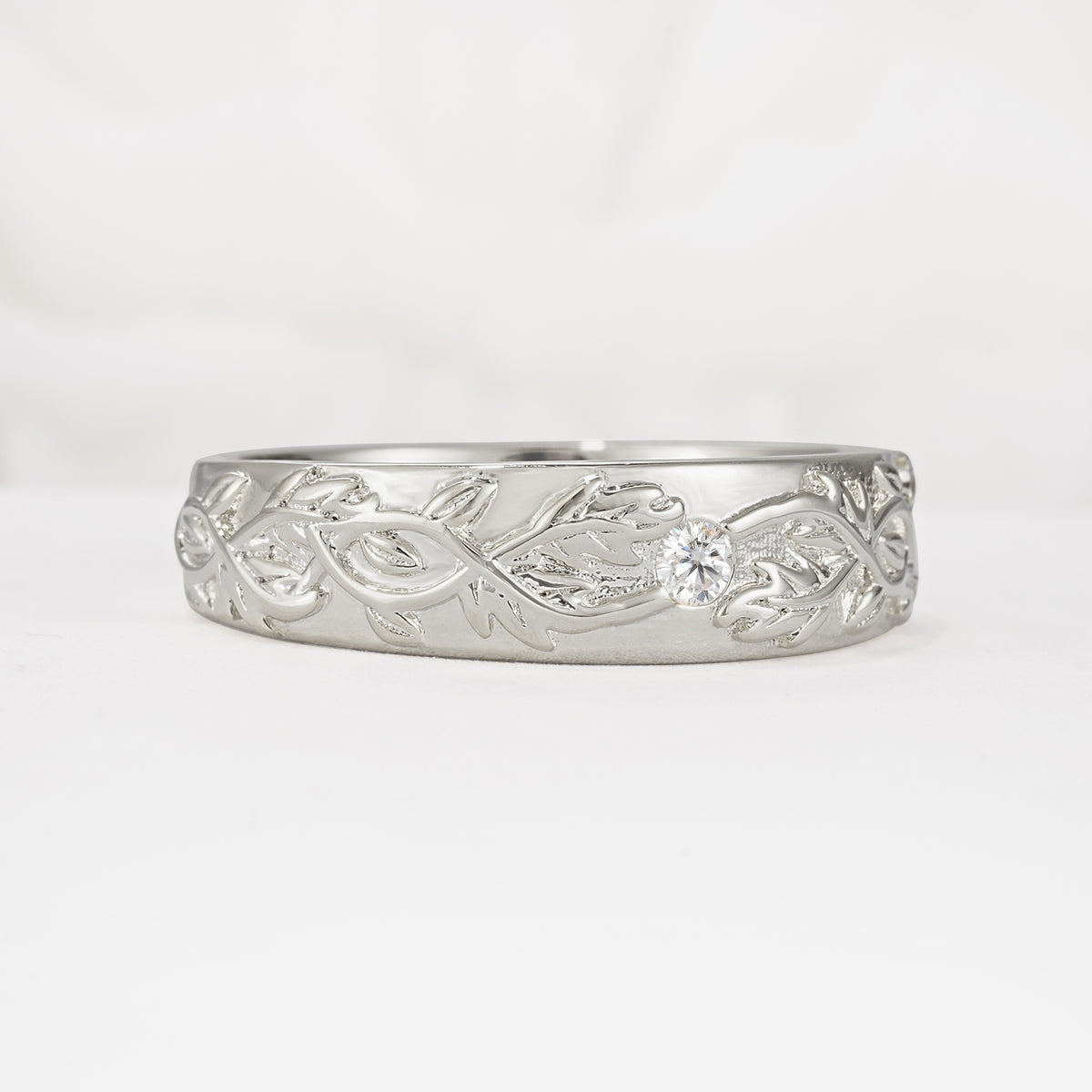 Vintage Leaf Engraved Solitaire Moissanite Men's Wedding Band - Additional view