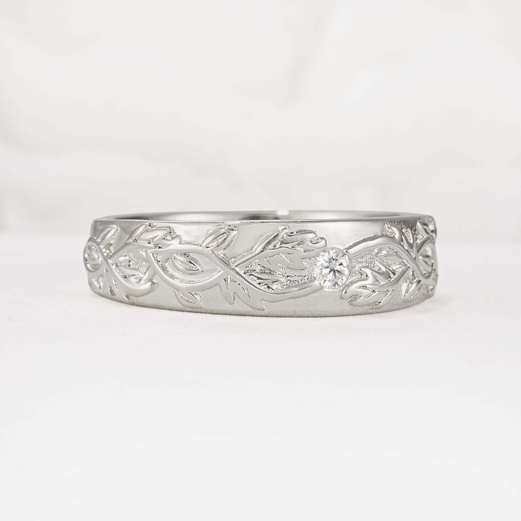 Vintage Leaf Engraved Solitaire Moissanite Men's Wedding Band - Additional view