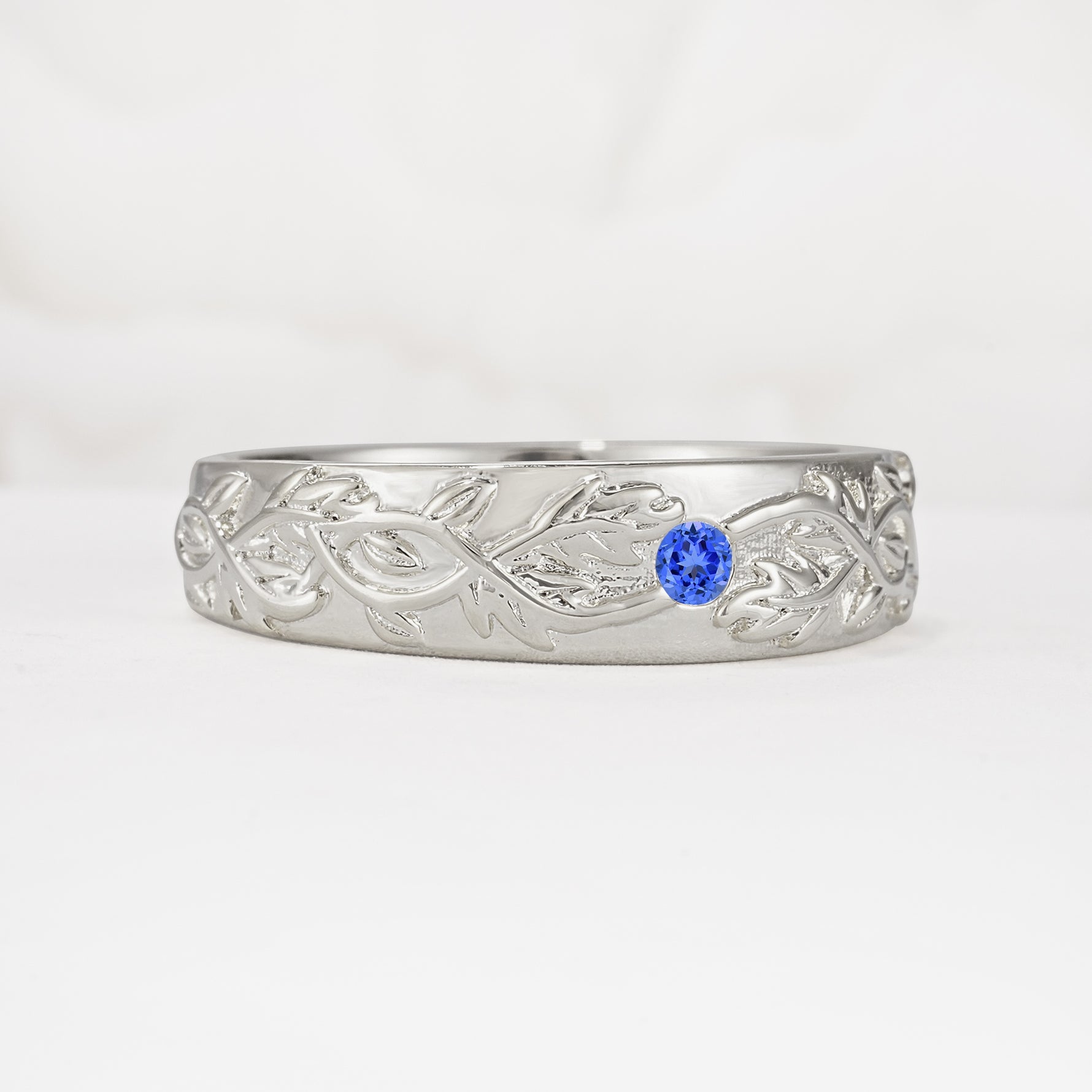 Vintage Leaf Engraved Solitaire Sapphire Men's Wedding Band - Additional view