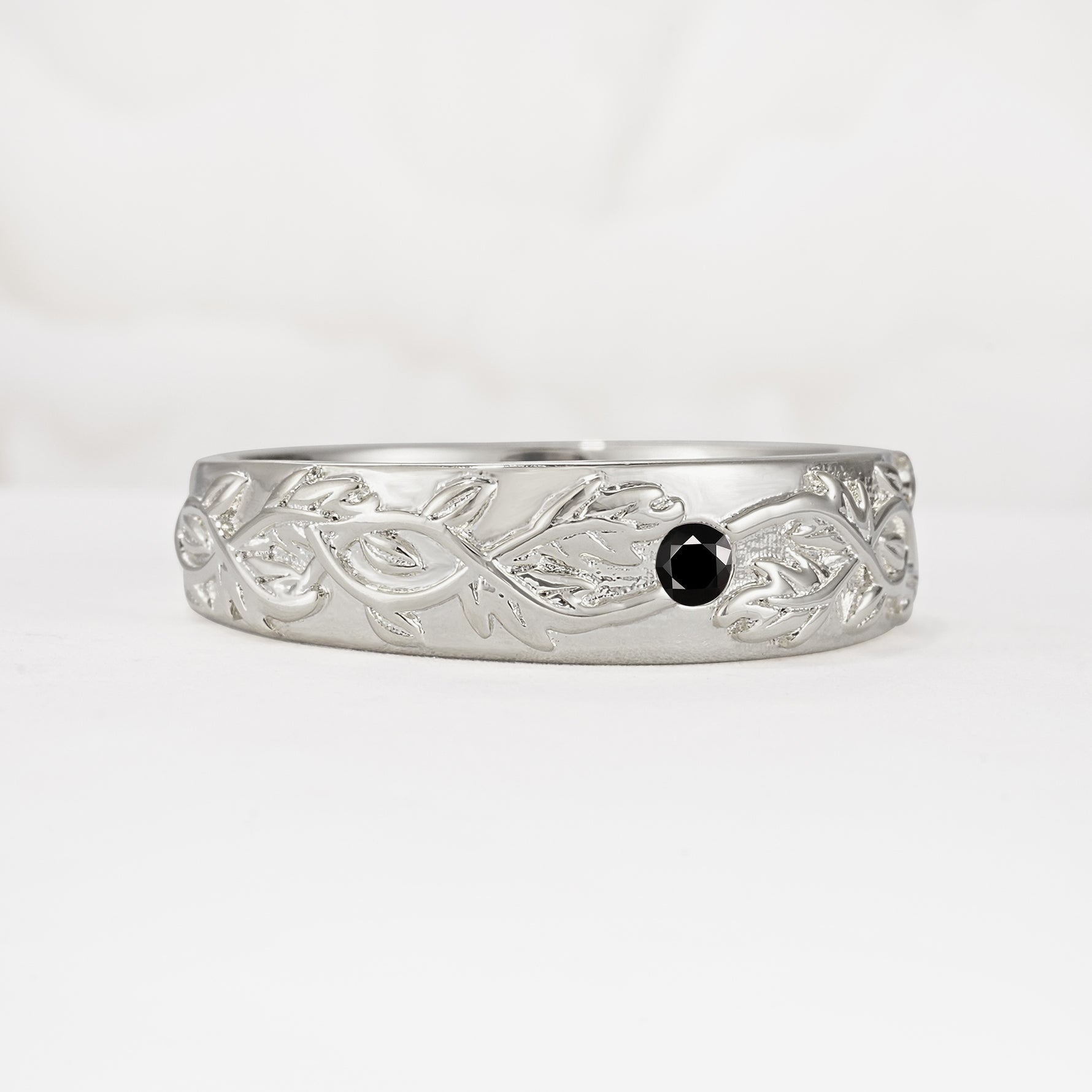 Vintage Leaf Engraved Solitaire Black Onyx Men's Wedding Band - Additional view