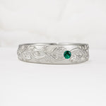Vintage Leaf Engraved Solitaire Emerald Men's Wedding Band - Additional view