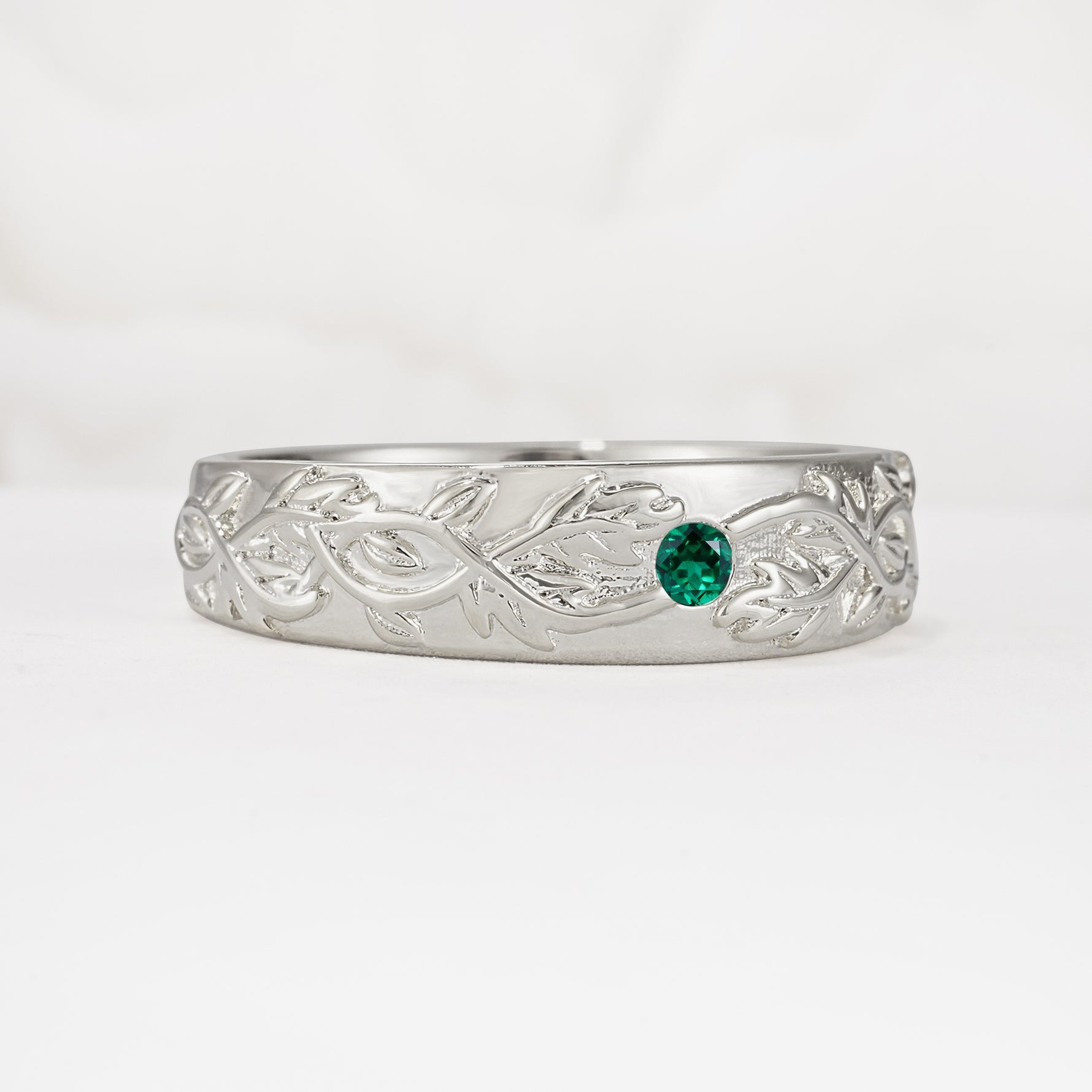 Vintage Leaf Engraved Solitaire Emerald Men's Wedding Band - Additional view