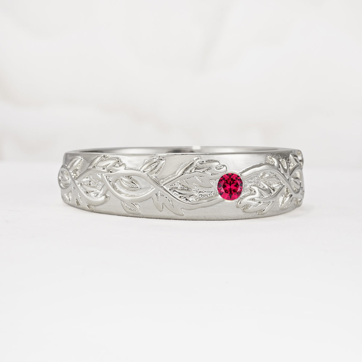 Vintage Leaf Engraved Solitaire Ruby Men's Wedding Band - Additional view