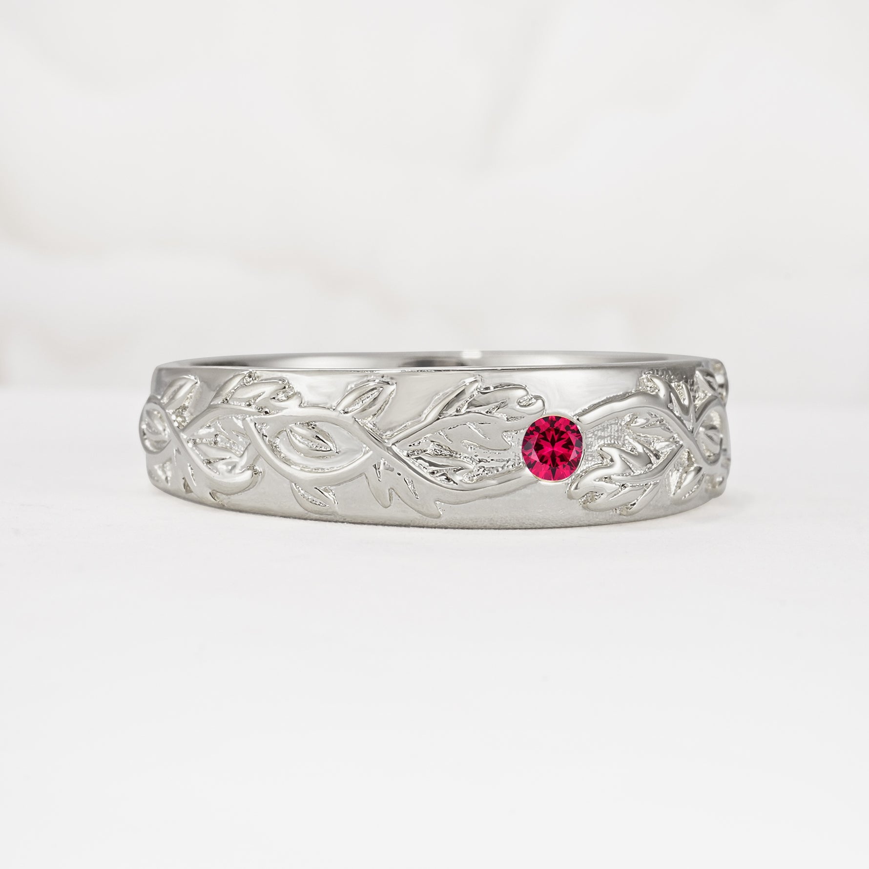 Vintage Leaf Engraved Solitaire Ruby Men's Wedding Band - Additional view